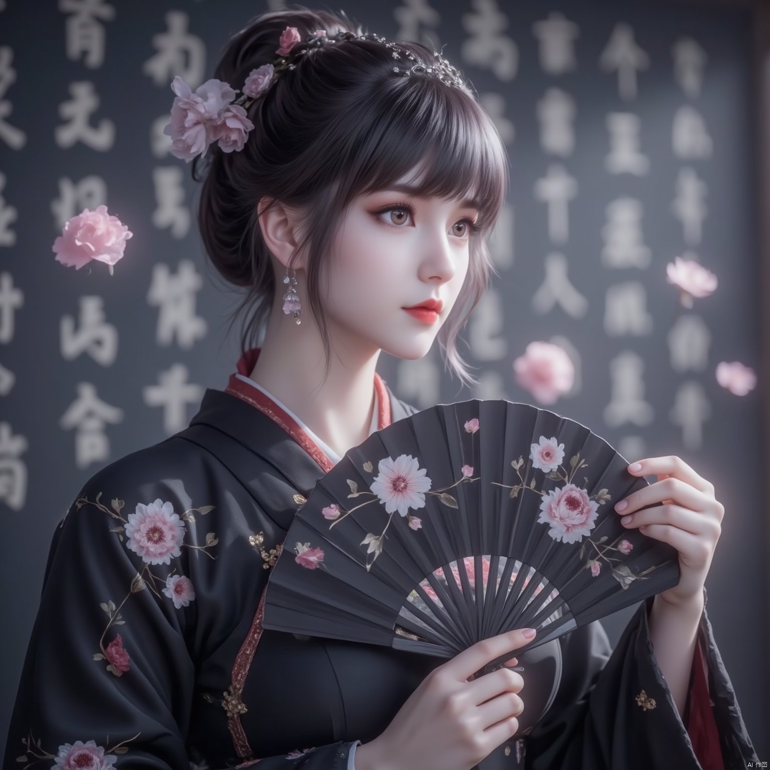 1girl, with a black kimono adorned with flowers. Her hair is pulled back in a bun cascading down her shoulders framing her face. She is adorned with a bold red lip adding a pop of color to her outfit. Her eyes are a piercing blue her eyebrows are a darker shade of brown and her lips are a lighter shade of red. She's holding a black hand fan with a floral pattern on it adding depth to the scene. The background is blurred The background is a wall with Chinese characters written on it creating a stark contrast to the woman's outfit.sexy