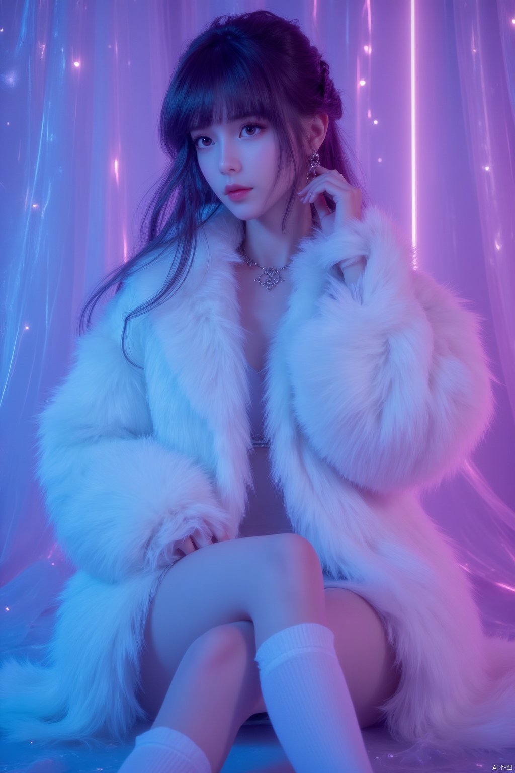 1girl, Captured from a low-angle perspective a medium-sized model of a young woman is seated on the floor her hair cascading down to her shoulders. She is wearing a white fur coat adorned with white socks and earrings.neon lighting,