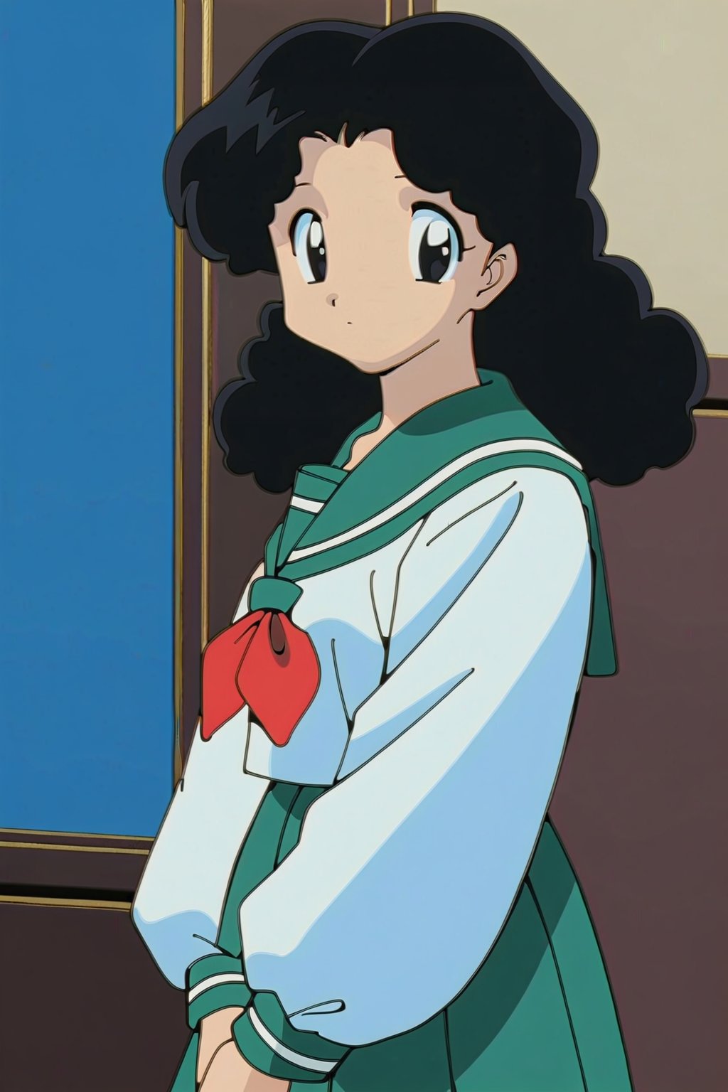 1girl, solo, looking at viewer, skirt, shirt, black hair, long sleeves, school uniform, white shirt, pleated skirt, serafuku, sailor collar, black eyes, neckerchief, green skirt, green sailor collar,  masterpiece, best quality, detailed hair and face, HQ Eyes, detailed buttocks, 4K detailed, high-resolution, Yat_Anshin_Uchu_Ryoukou_Artstyle, Shoujo_Anime,90s Aesthetic, 1990s \(style\)