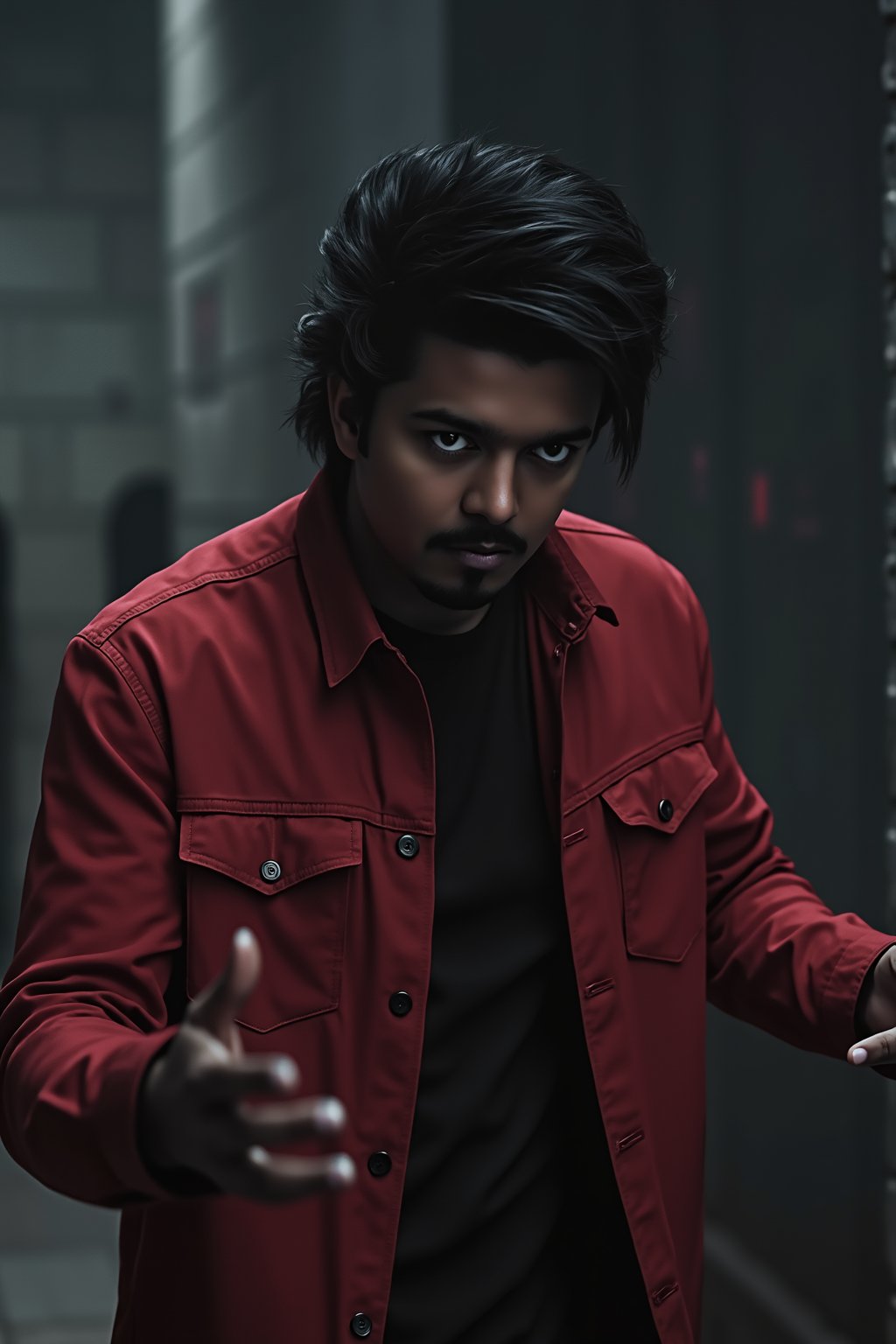 A dramatic urban scene depicting jeevan in an atmospheric, dimly lit environment. The background features dark, shadowy architectural elements, possibly stone or concrete, enhancing the looming sense of suspense. jeevan, wearing a textured, red jacket, is captured mid-action with outstretched hands in a dynamic, almost threatening pose, suggesting urgency or a supernatural theme. The color palette is predominantly monochromatic with stark contrasts, using shades of black, red, and white that create a high-contrast look reminiscent of hyperrealism. Soft, moody lighting highlights the contours of the jeevan's hands and face, adding depth and intensity to the expression. The overall aesthetic combines elements of gothic and horror, evoking feelings of tension and intrigue.