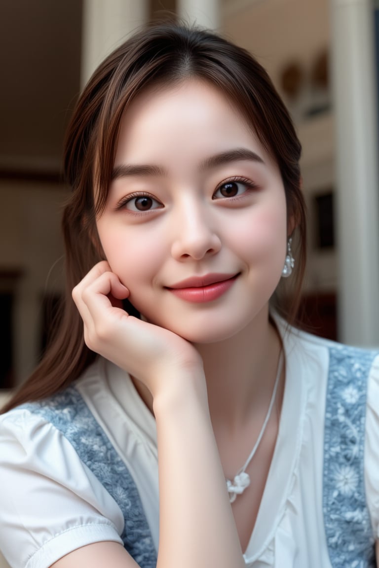 A Beautiful Young Korean woman, oval-face, short brown hair, double eyelids, beautiful face, daily outfit, sharp focus, sexy face, smile, face to camera, photorealistic, highly details 