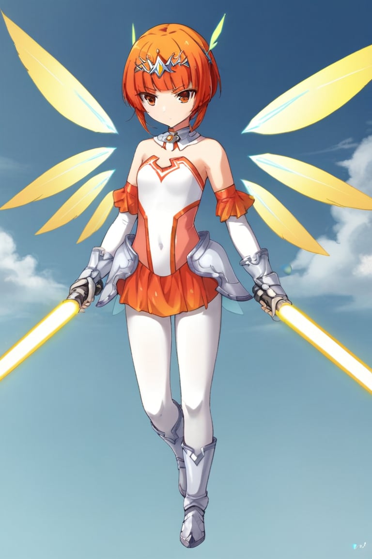 1girl, solo,pklily, princesskishin, orange hair, short hair, blunt bangs, tiara, headpiece, detached collar, elbow gloves, leotard, skirt, white pantyhose, wings, boots, full body, sky, flying, holding, lightsaber, serious, closed mouth