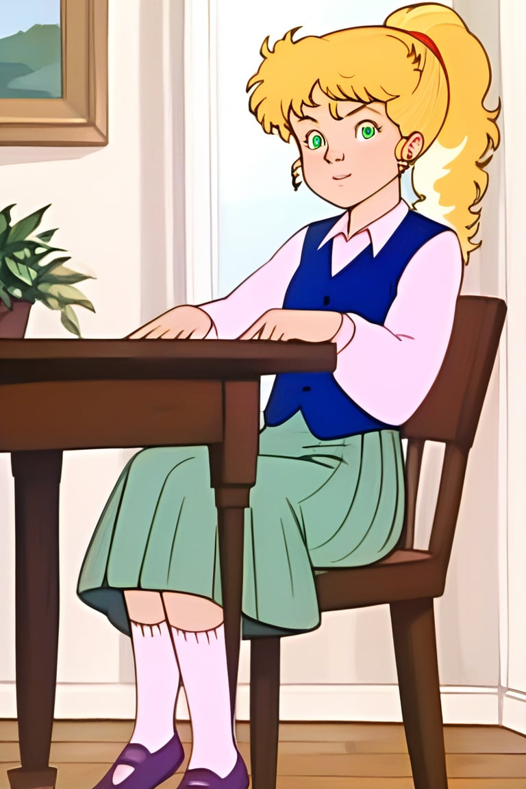 score_9, score_8_up,score_7_up, source_anime, 1girl, AnnHXL,ponytail, long blond hair, blond hair, flat colors, cartoon style, blue vest, green eyes, long grey skirt, pink shirt with sleeves, white socks, shoes, classrom, sitting in a class chair, cheerful expression, arms over the class table,