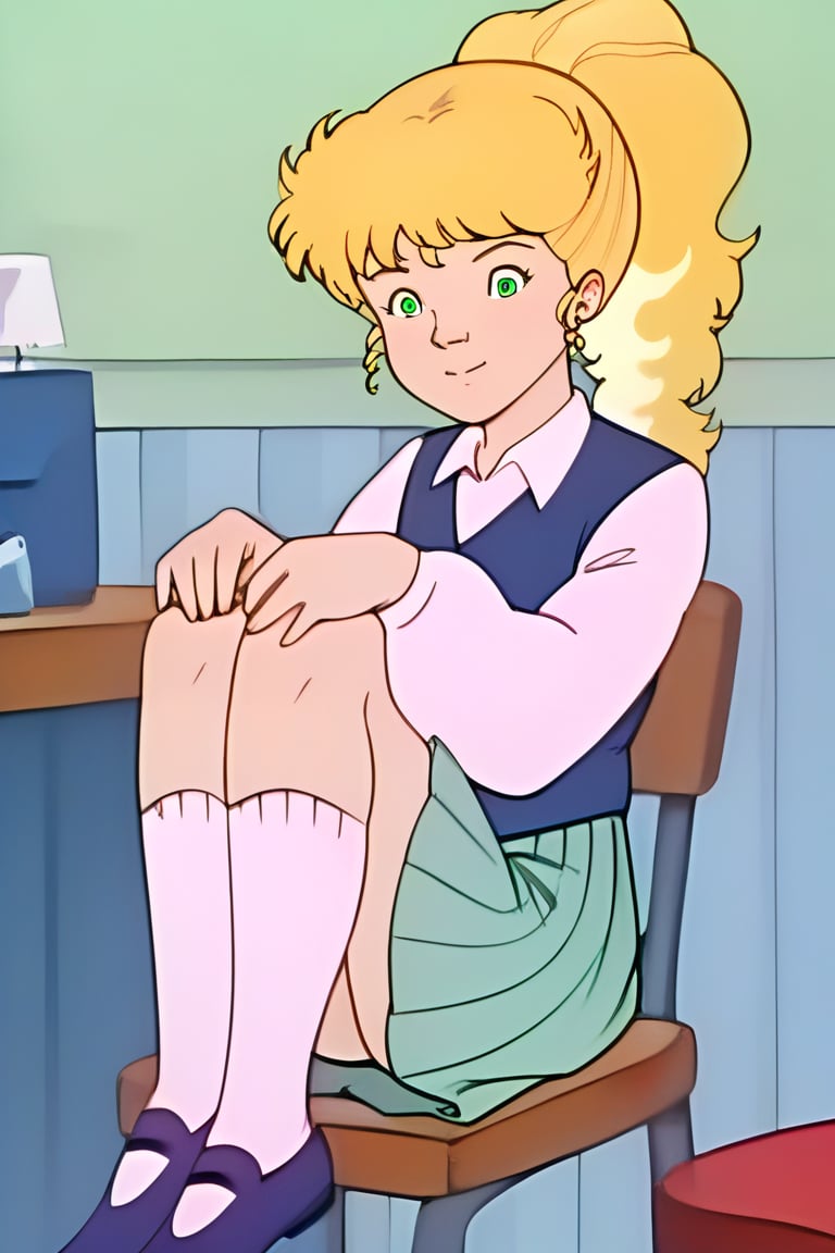 score_9, score_8_up,score_7_up, source_anime, 1girl, AnnHXL,ponytail, long blond hair, blond hair, flat colors, cartoon style, blue vest, green eyes, long grey skirt, pink shirt with sleeves, white socks, shoes, classrom, sitting in a class chair, cheerful expression, arms over the class table,