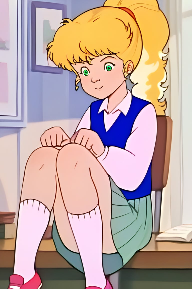 score_9, score_8_up,score_7_up, source_anime, 1girl, AnnHXL,ponytail, long blond hair, blond hair, flat colors, cartoon style, blue vest, green eyes, long grey skirt, pink shirt with sleeves, white socks, shoes, classrom, sitting in a class chair, cheerful expression, arms over the class table,