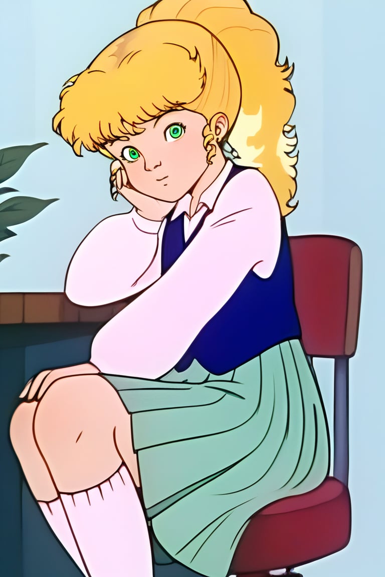 score_9, score_8_up,score_7_up, source_anime, 1girl, AnnHXL,ponytail, long blond hair, blond hair, flat colors, cartoon style, blue vest, green eyes, long grey skirt, pink shirt with sleeves, white socks, shoes, classrom, sitting in a class chair, cheerful expression, arms over the class table,