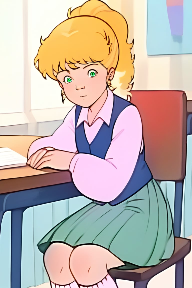 score_9, score_8_up,score_7_up, source_anime, 1girl, AnnHXL,ponytail, flat colors, cartoon style, blue vest, green eyes, long grey skirt, pink shirt with sleeves, white socks, shoes, classrom, sitting in a class chair, cheerful expression, arms over the class table,