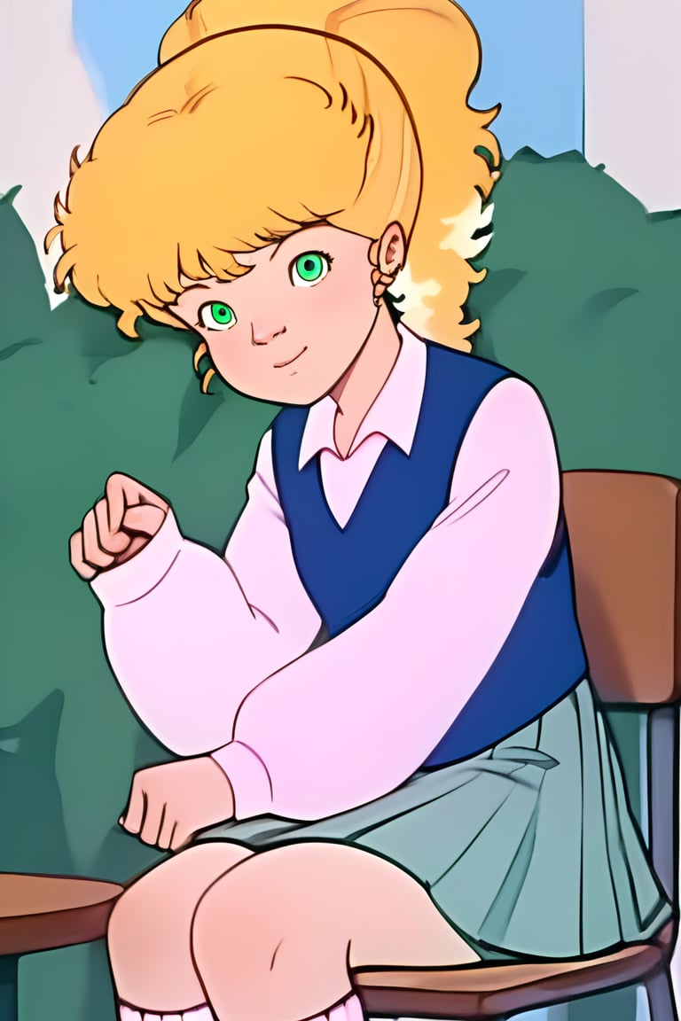 score_9, score_8_up,score_7_up, source_anime, 1girl, AnnHXL,ponytail, flat colors, cartoon style, blue vest, green eyes, long grey skirt, pink shirt with sleeves, white socks, shoes, classrom, sitting in a class chair, cheerful expression, arms over the class table,