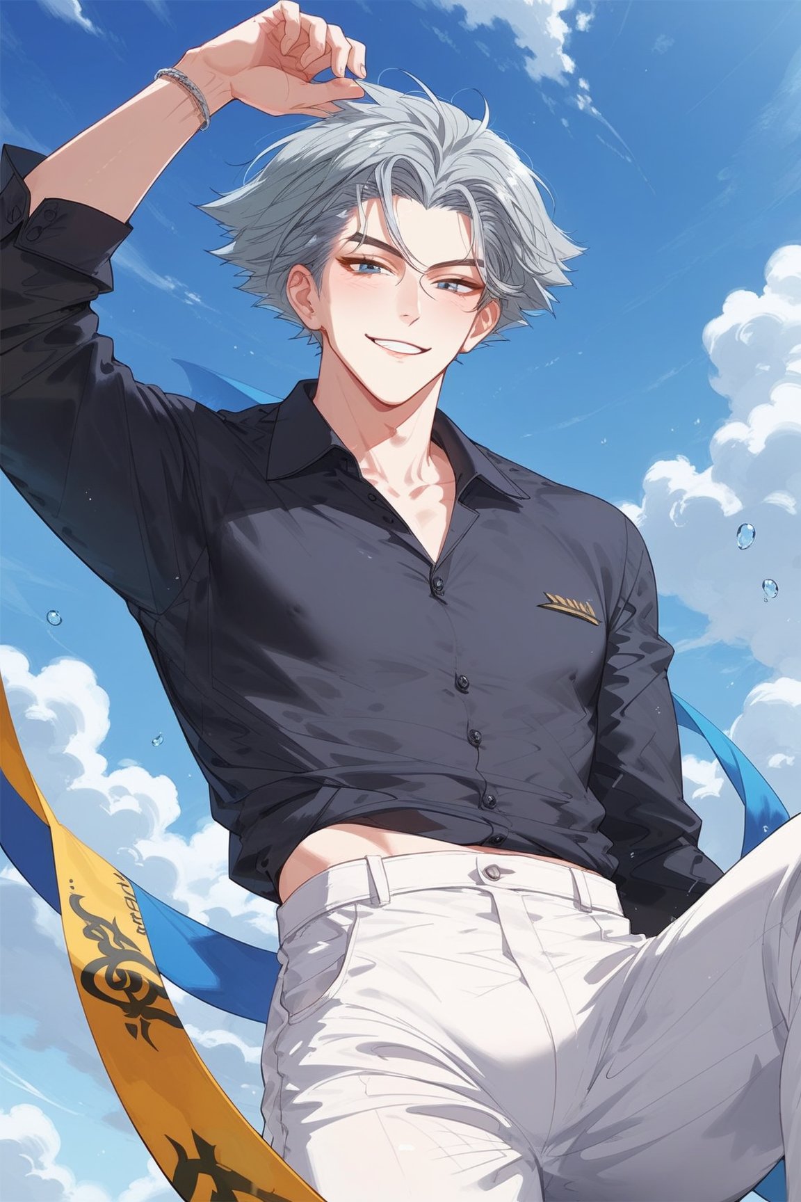 1boy ,Man, smiling face, looking at viewer,
from below, front view, 
,source_anime,score_4_up,score_5_up,score_6_up,score_7_up,score_8_up,score_9, BREAK, Paine,solo,smile,short hair,blue eyes,shirt, long sleeves,1boy,grey hair,male focus, pants,black shirt