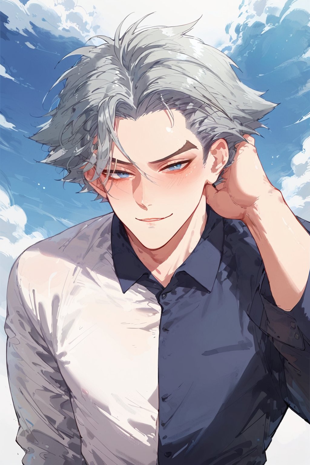 score_9, score_8_up, score_7_up,blush,face view,male, smiling face, standing, looking at face,Paine,solo,smile,short hair,blue eyes,shirt, long sleeves,1boy,grey hair,male focus,