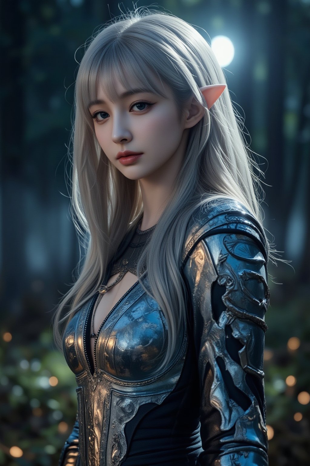 A film-grade, fantasy-themed shot of a stunning elven woman with sharp, ethereal features and long, flowing silver hair. She stands in a mystical forest bathed in moonlight, wearing ornate armor that glimmers with magical energy. Her piercing, otherworldly eyes and regal posture create an aura of power and grace, captured in a cinematic style that blends fantasy with photorealistic detail.
