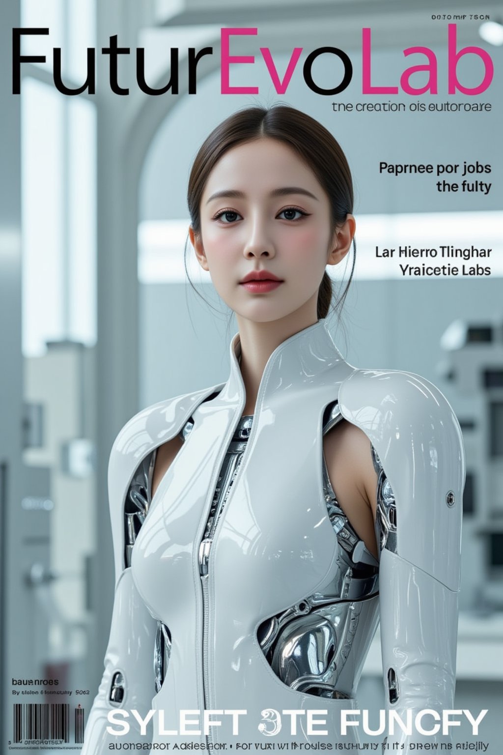 A sleek, minimalistic magazine cover featuring a beautiful female android model in glossy, white futuristic armor, standing against a backdrop of a sterile, high-tech lab. Her form is both mechanical and organic, her synthetic skin peeking through the gaps in her armor, giving her a sensual yet scientific look. The title of the magazine, **"FuturEvoLab"**, is displayed at the top, with additional headlines: - **"Precision and Beauty: The Evolution of Android Models"** - **"Beyond the Future: The Next Generation of Robotic Fashion"** - **"Fashion Meets Function: Style in the Age of Technology"**. The cover blends high-fashion with a clinical, futuristic setting, showcasing the perfect synergy between beauty and technological innovation, Smile, FuturEvoLabBeautify, FuturEvoLabArmor, 