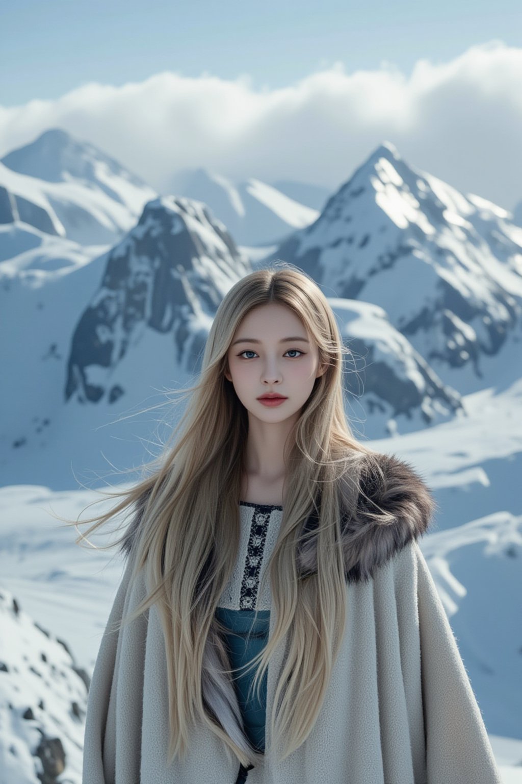 A cinematic wide-angle shot of a beautiful Scandinavian woman standing atop a snowy mountain, her long, blonde hair flowing in the icy wind. She wears a fur-lined cloak, her piercing blue eyes reflecting the harsh, yet majestic, winter landscape around her. The film-grade composition emphasizes the stark contrast between her beauty and the wild, rugged nature of the environment.
