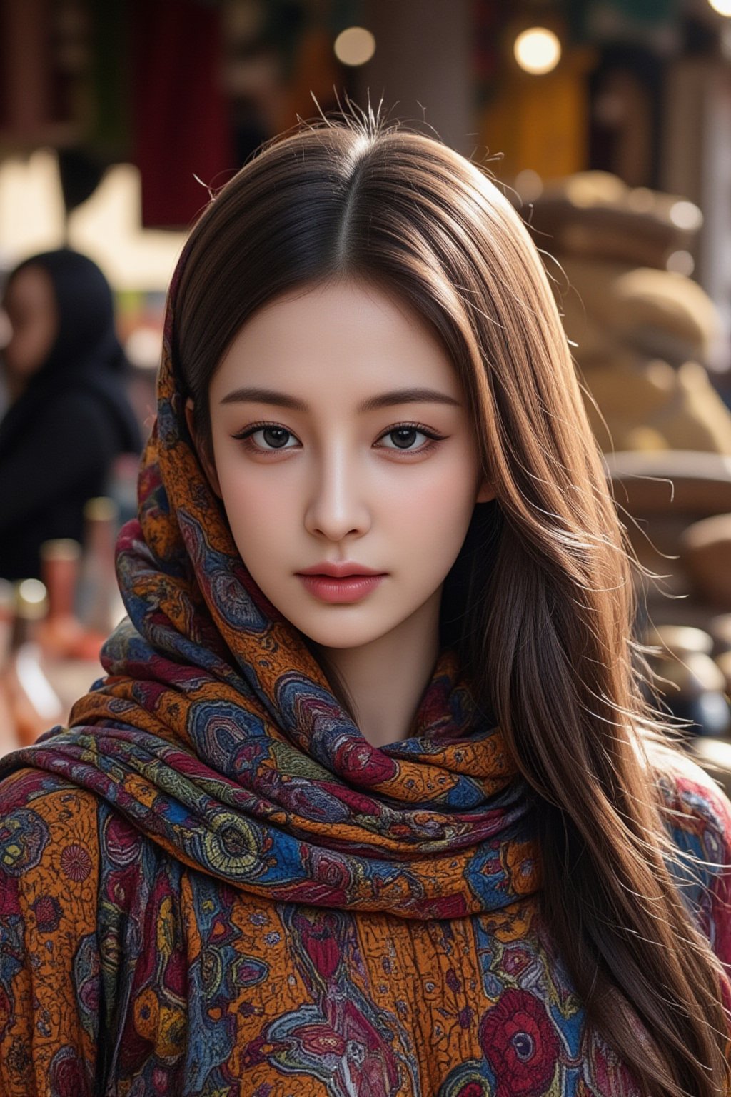 A high-quality photo of a beautiful Middle Eastern woman, her deep brown eyes framed by a vibrant, intricately patterned hijab. Her skin glows softly under natural light as she stands in a bustling marketplace filled with colorful textiles and spices. The image captures her serene expression and striking beauty, with vivid colors and sharp details that bring the scene to life.
