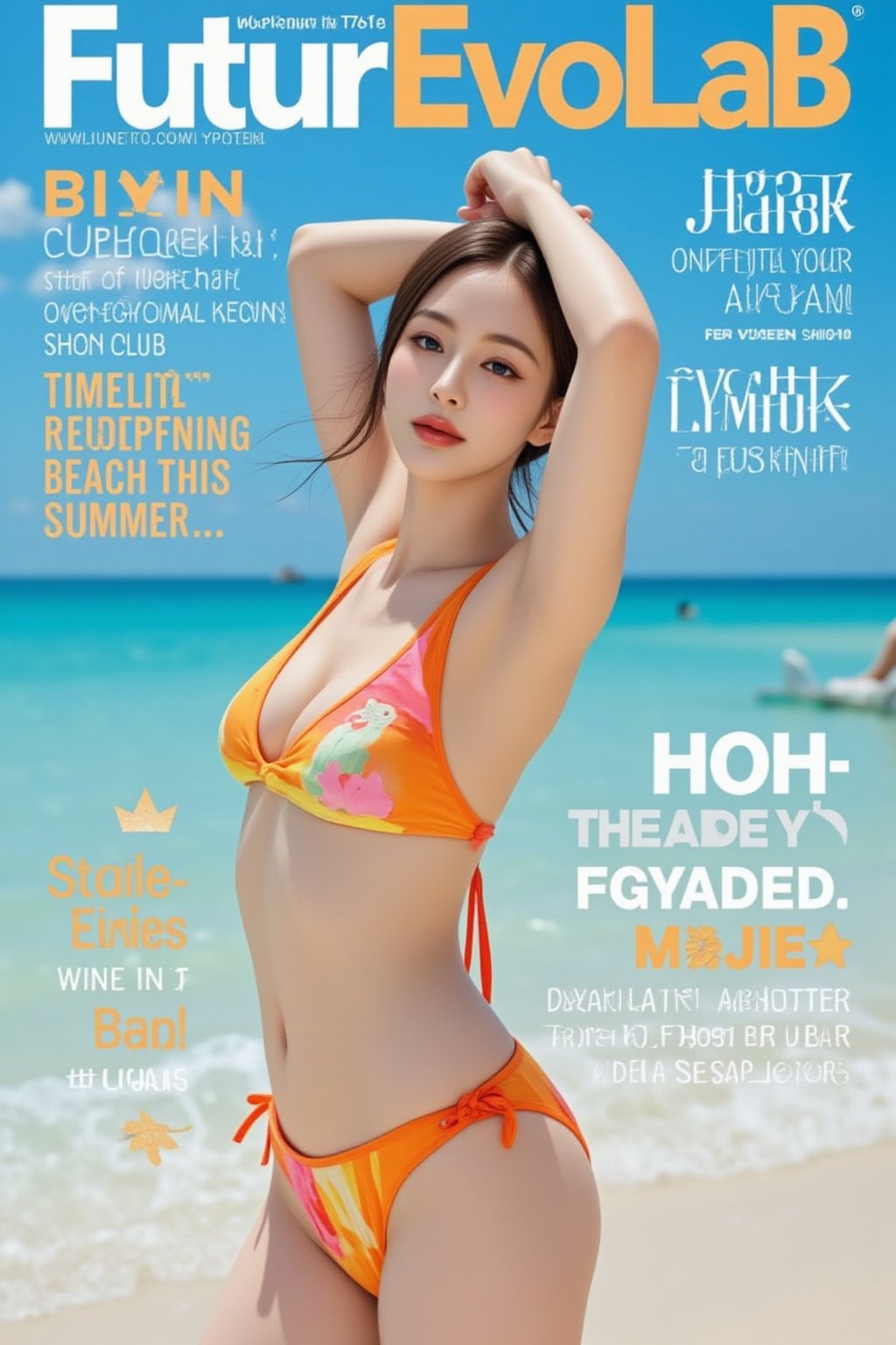 A vibrant magazine cover showcasing a Japanese female model in a trendy, colorful bikini, standing confidently on a beach with clear blue waters in the background. Her stylish pose and radiant, sunlit skin give off a sense of summer vitality and fashion-forward elegance. The title of the magazine, **"FuturEvoLab"**, is displayed at the top, with additional headlines: - **"Bikini Confidence: Own the Beach This Summer"** - **"Timeless Swimwear: Redefining Beach Beauty"** - **"Model of the Moment: Power, Allure, and Summer Style"**. The cover captures the essence of high-fashion swimwear, blending photorealistic details with a modern beach aesthetic, Smile, FuturEvoLabBeautify, 