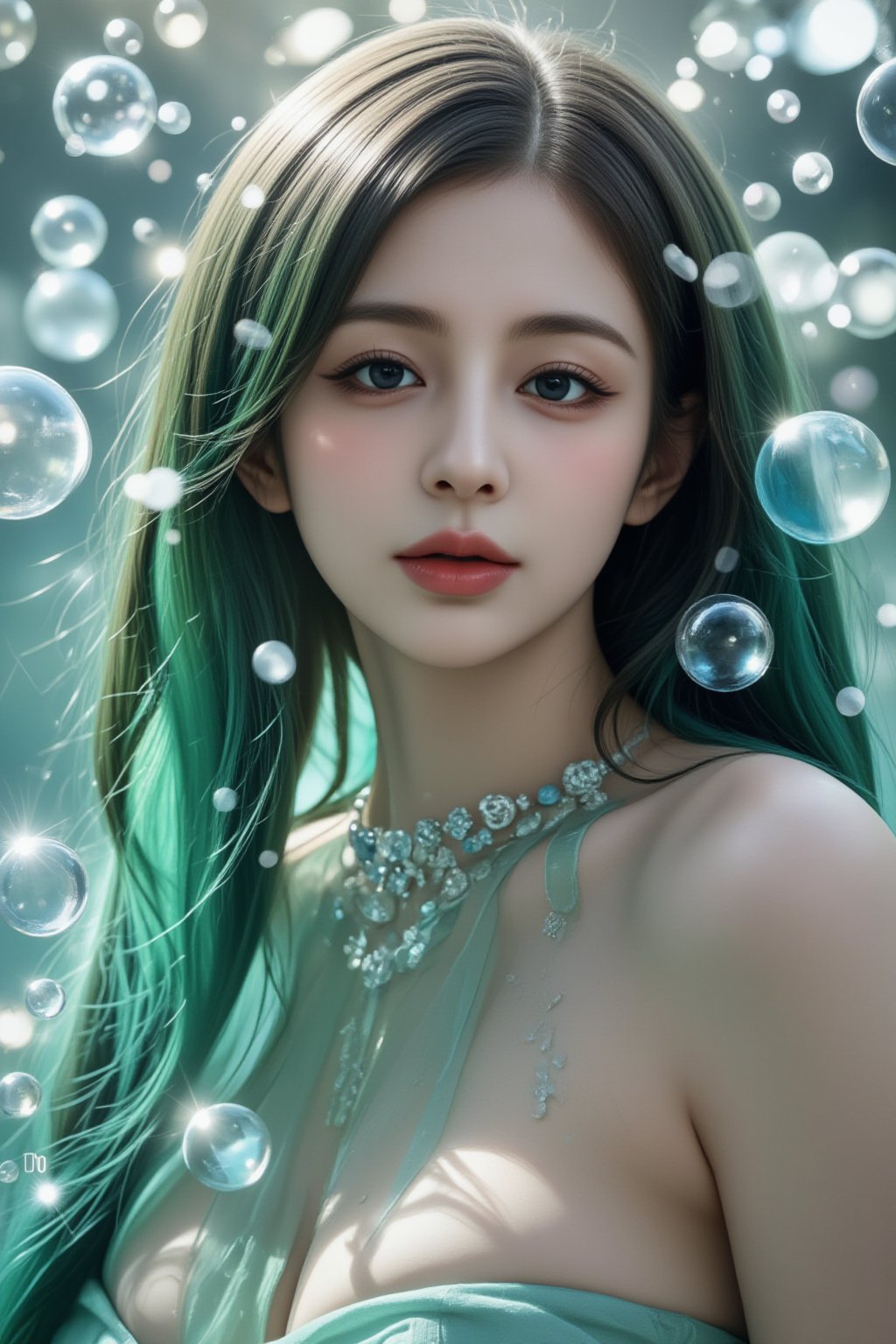 a woman with green hair is surrounded by bubbles, inspired by Yanjun Cheng, fantasy art, pop Japonisme 3d ultra-detailed, fantasy Victorian art, style hybrid mix of people, underwater face, ross-draws, stylized 3d, 