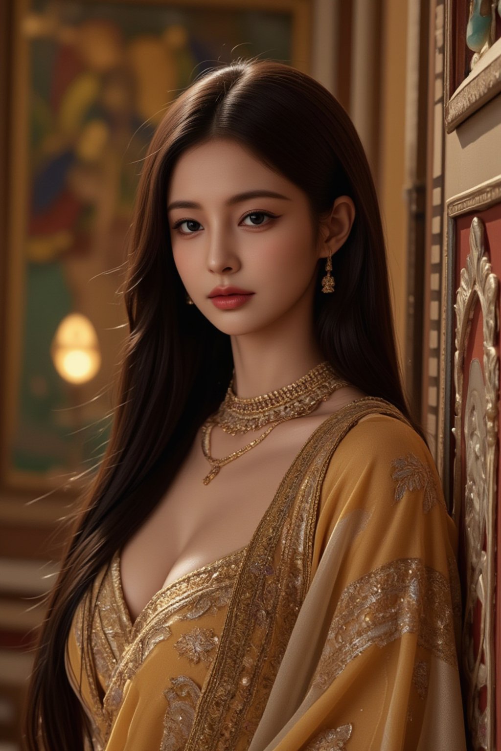 A cinematic portrait of a striking Indian woman, her long, jet-black hair adorned with gold jewelry and a traditional sari draped elegantly around her. She stands in a royal palace setting, surrounded by rich tapestries and golden light. The film-grade image captures her with a regal presence, her expressive eyes and graceful posture evoking a sense of timeless beauty and power.
