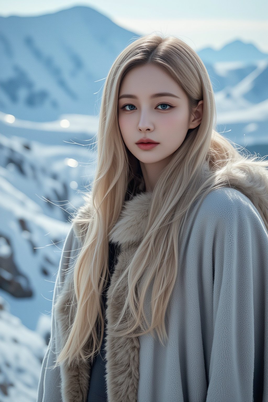 A cinematic wide-angle shot of a beautiful Scandinavian woman standing atop a snowy mountain, her long, blonde hair flowing in the icy wind. She wears a fur-lined cloak, her piercing blue eyes reflecting the harsh, yet majestic, winter landscape around her. The film-grade composition emphasizes the stark contrast between her beauty and the wild, rugged nature of the environment.
