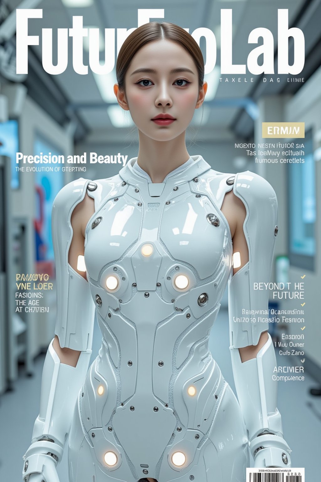 A sleek, minimalistic magazine cover featuring a beautiful female android model in glossy, white futuristic armor, standing against a backdrop of a sterile, high-tech lab. Her form is both mechanical and organic, her synthetic skin peeking through the gaps in her armor, giving her a sensual yet scientific look. The title of the magazine, **"FuturEvoLab"**, is displayed at the top, with additional headlines: - **"Precision and Beauty: The Evolution of Android Models"** - **"Beyond the Future: The Next Generation of Robotic Fashion"** - **"Fashion Meets Function: Style in the Age of Technology"**. The cover blends high-fashion with a clinical, futuristic setting, showcasing the perfect synergy between beauty and technological innovation, Smile, FuturEvoLabBeautify, FuturEvoLabArmor, 