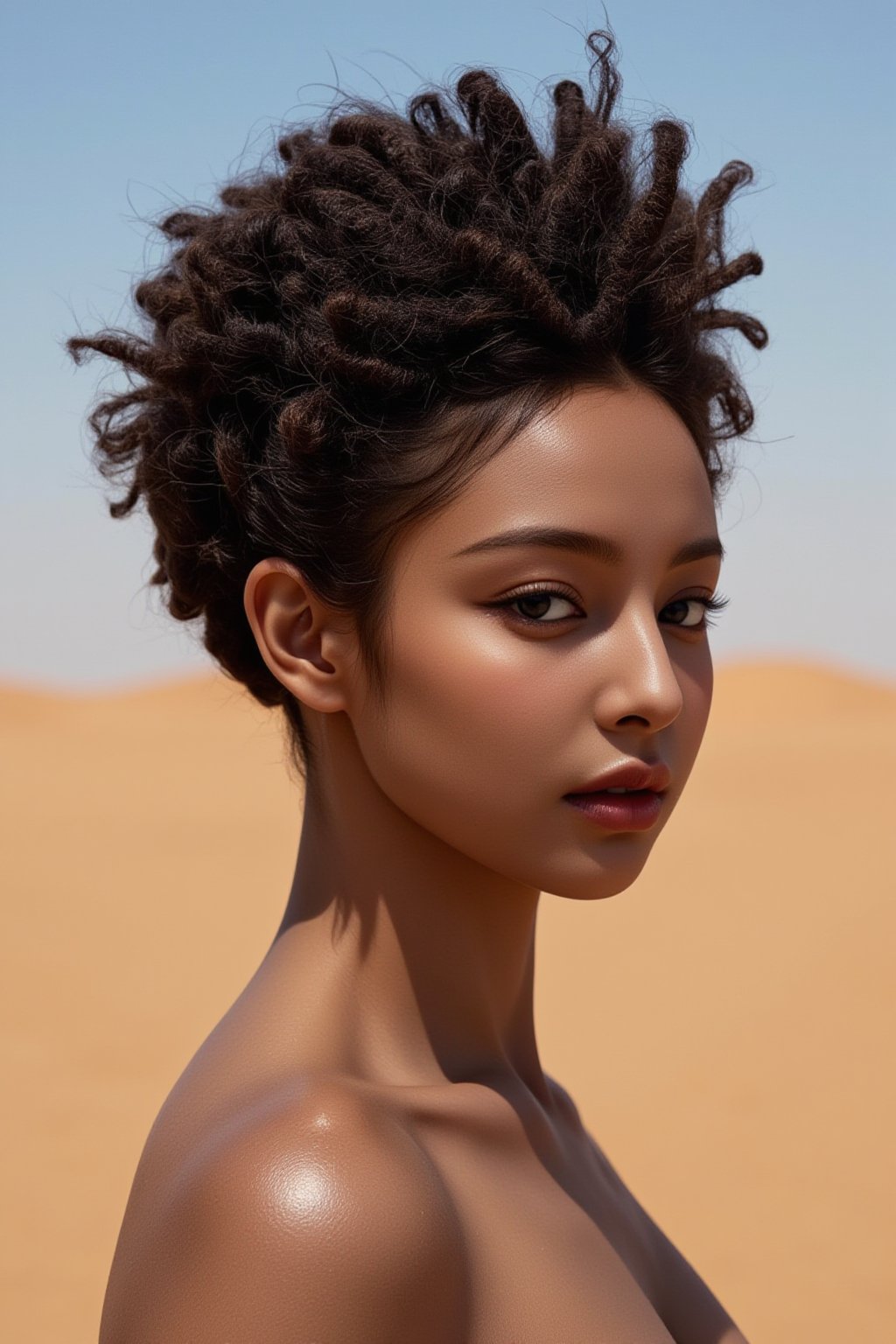 A high-quality photo of a striking African woman with deep, rich skin tone and natural, coiled hair styled in a modern afro. She wears minimalistic jewelry that accentuates her strong facial features, standing in front of a sunlit desert landscape. The photo captures her with a raw, authentic elegance, with vibrant colors and sharp details highlighting her beauty against the vast, sandy backdrop.
