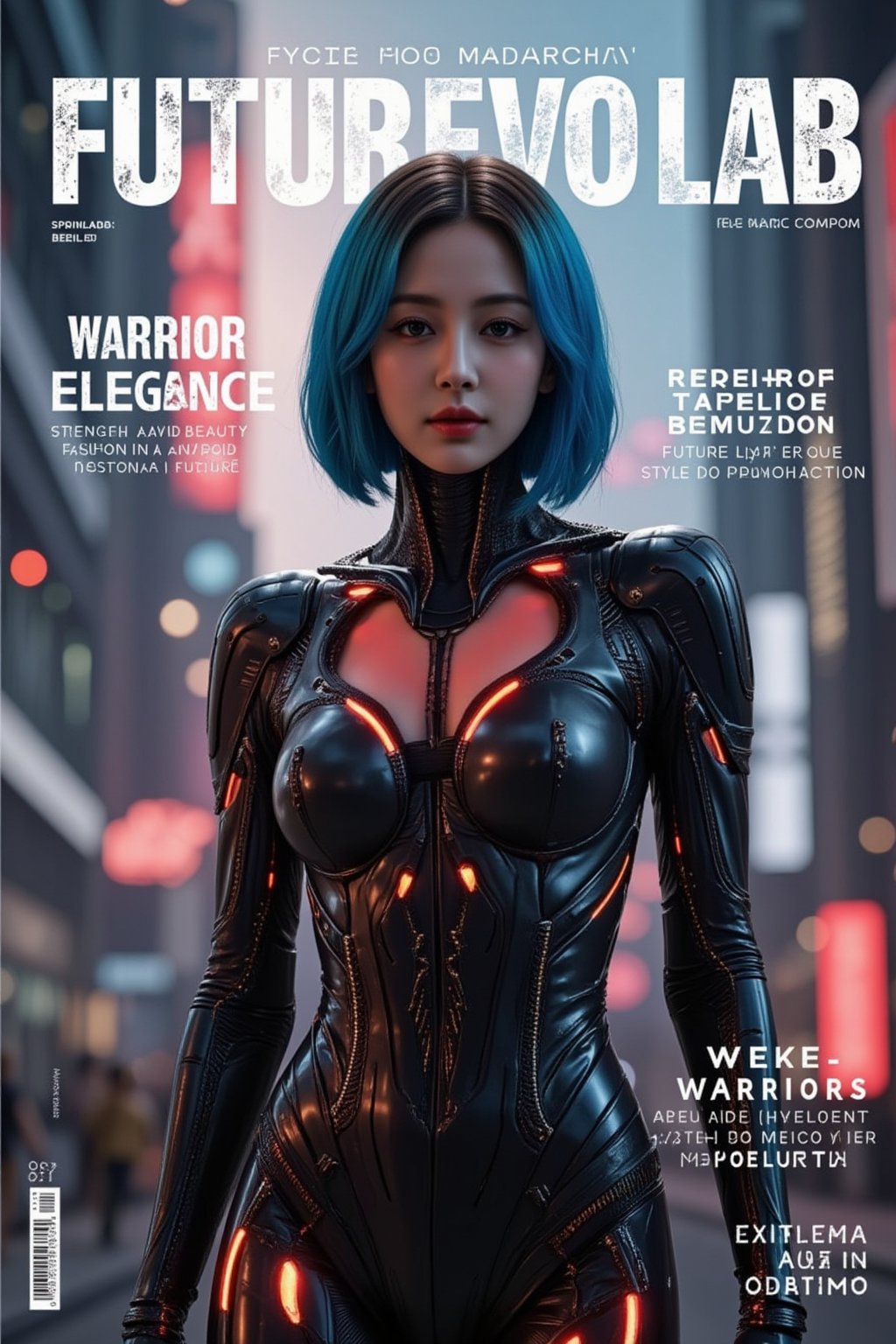 A dynamic magazine cover featuring a female android in sleek, matte black armor, designed for both combat and style. Her pose is confident, standing against a backdrop of a futuristic, dystopian city with smog-filled skies and glowing red lights. The intricate details of her armor and her glowing red eyes hint at both power and allure. The title of the magazine, **"FuturEvoLab"**, is displayed at the top, with additional headlines: - **"Warrior Elegance: Fashion in a Dystopian Future"** - **"Strength and Beauty: The Android Model Revolution"** - **"Future Warriors: Style in the Age of Conflict"**. The cover combines elements of sci-fi action and fashion, creating a unique blend of strength, style, and futuristic allure, FuturEvoLabBeautify, FuturEvoLabBeautify, Smile, FuturEvoLabBeautify, FuturEvoLabArmor, 