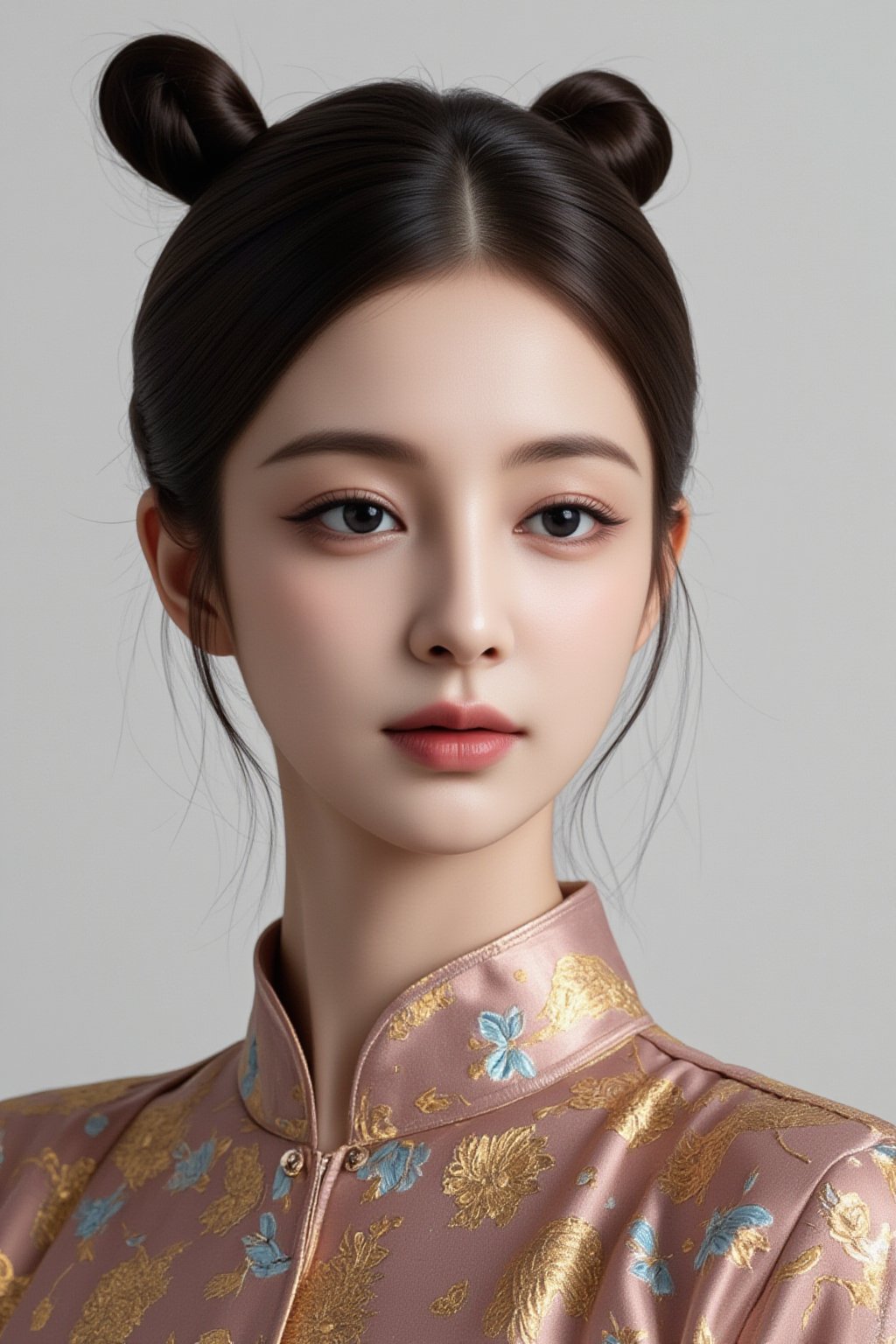 A high-resolution, studio-quality portrait of a stunning East Asian woman with porcelain skin and sleek black hair styled in an elegant updo. She wears a traditional silk qipao, richly embroidered with golden patterns, against a minimalist background. The photo captures every detail of her delicate facial features, combining modern beauty with a touch of cultural heritage, in a perfectly lit, professional composition.
