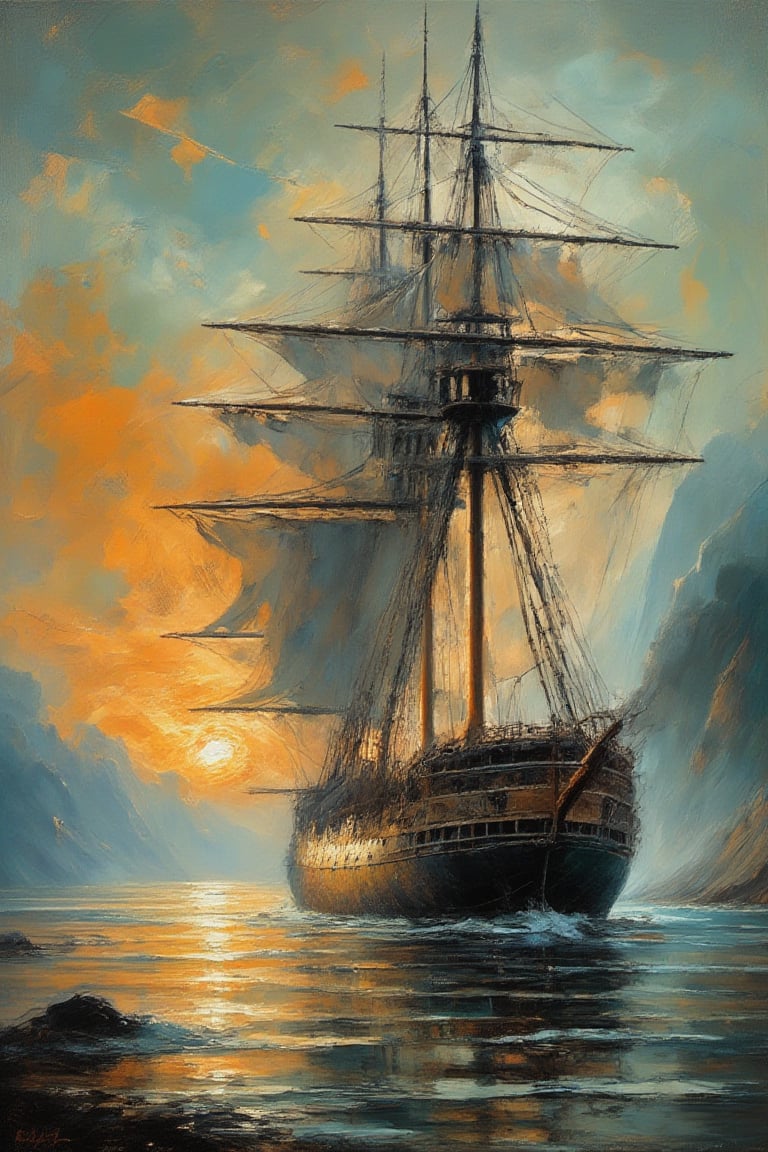 "Create an imaginative and hyperrealistic oil painting emphasizing the style of Remedios Varo and Ian McQue.", "Close-up view, hyperrealistic oil painting of the worn and aged appearance of a large, weathered English ship of the line, sailing battleship, showing signs of extensive use and time-worn features. The ship should appear short and stooped, with dirt-covered equipment and white, dirty, tattered sails that stand out. The sky should be ablaze with the soft and diffused colors of a spectacular sunset behind the ship, casting gentle shadows and creating an ethereal atmosphere. The overall effect is a blend of impressionism and abstraction, creating a rich, immersive setting that complements the hyperrealistic, sharp focus on the worn and aged appearance of the large, weathered ship in the foreground. In contrast, the background should transition into an abstract, painterly environment with bold and textured brushstrokes adding depth and movement. The overall effect should capture the immense scale and rugged beauty of the scene, with dramatic lighting emphasizing the textures and features of the ship. The atmosphere should be hazy and diffuse, contributing to an ethereal and somewhat dystopian feel. Indistinct forms and shapes in the background should suggest a spectacular sunset in the mountains, rendered in a loose, impressionistic style to emphasize mood and atmosphere over detailed realism. Use a muted color palette with cooler tones such as grays, blues, and greens to create depth and atmosphere. Use muted shades of earthy tones to depict worn, weathered and aged appearances. Use muted accents like rusty orange-yellows and rusty teals to highlight tiny areas and add visual interest. Use this blend of subdued and bold colors to emphasize the gritty nature of the scene."