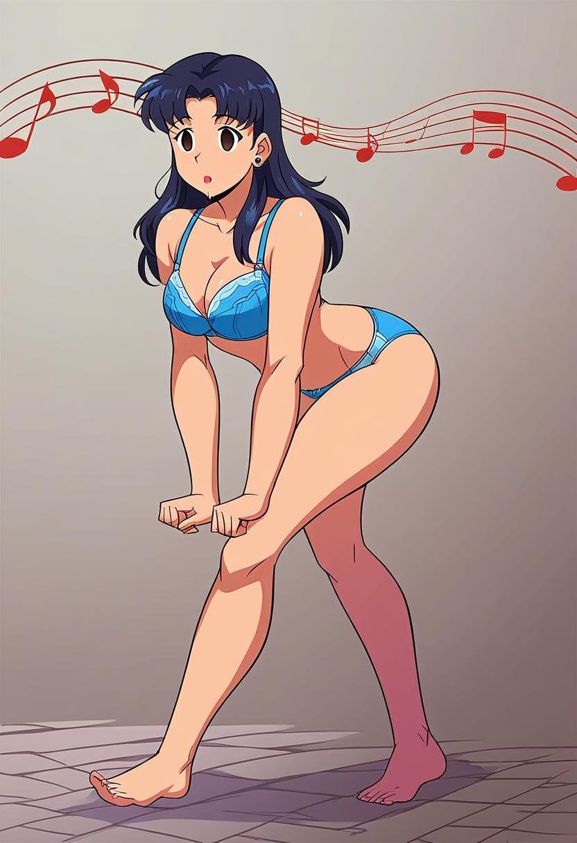 score_9,score_8_up, score_7_up, source_anime, rating_questionable, 1girl, solo, misato_katsuragi, hypn0_part1ture, hypn0_wa1k, leaning_forward, bra, panties, underwear_only, full body, barefoot, musical_note, empty_eyes, open mouth, drooling, breasts,  <lora:Hypnotic_Music_-_Pony:1.0>