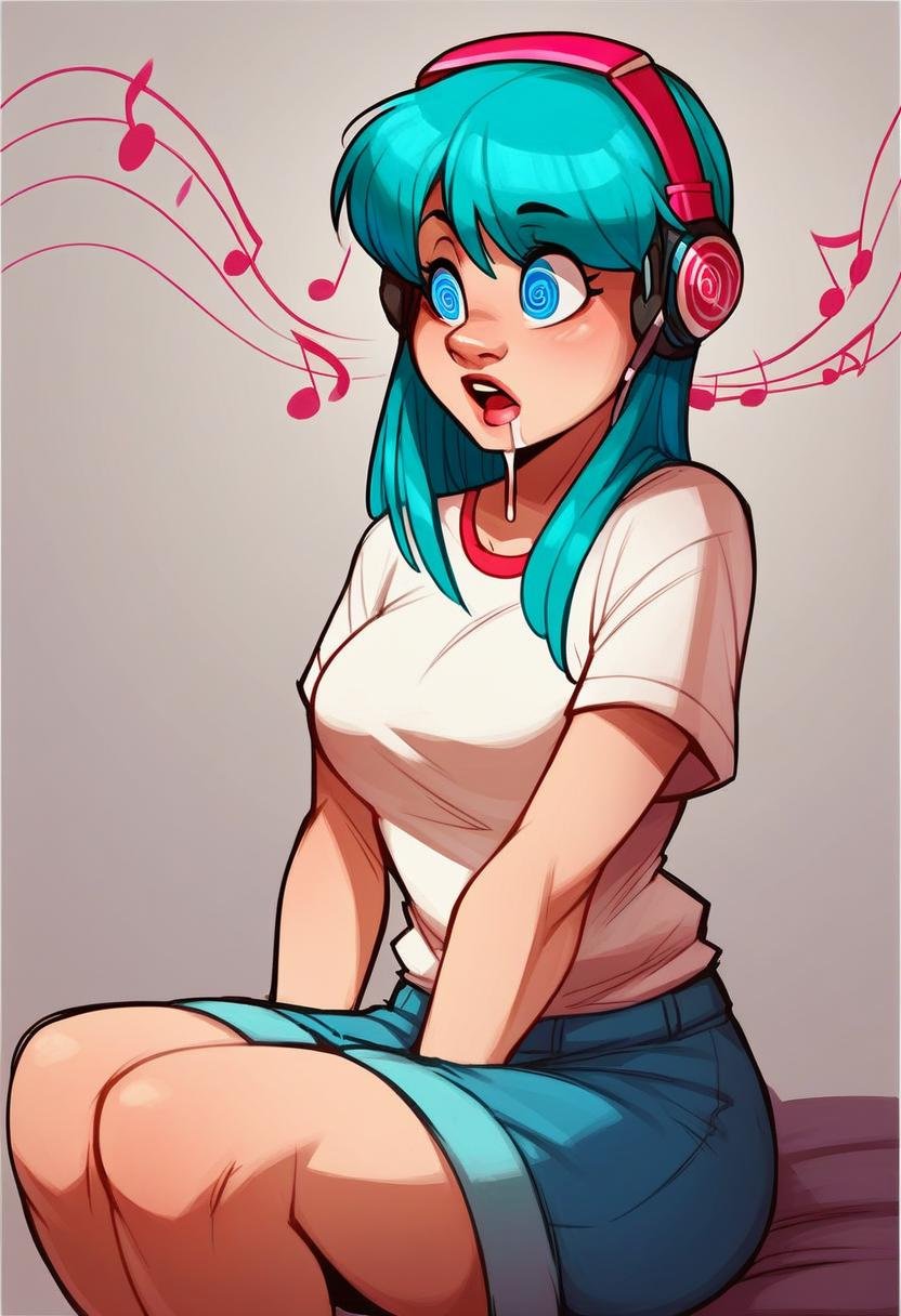 score_9,score_8_up, score_7_up, source_anime, 1girl, solo, bulma, hypn0_part1ture, musical_note, spiral_eyes, spiralwash_eyes, sitting, open mouth, drooling, breasts, headphones,  <lora:Hypnotic_Music_-_Pony:1.0>