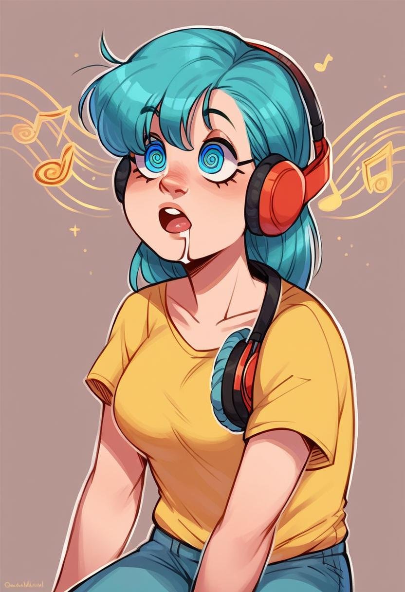 score_9,score_8_up, score_7_up, source_anime, 1girl, solo, bulma, hypn0_part1ture, musical_note, spiral_eyes, spiralwash_eyes, sitting, open mouth, drooling, breasts, headphones,  <lora:Hypnotic_Music_-_Pony:1.0>