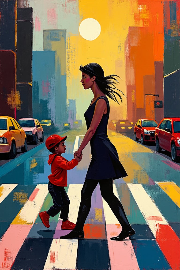 "Create a painting in the abstract style. Feature a woman and her small child crossing a street. Ensure the elements are sharp and have clean, defined edges. Ensure dynamic composition, a clear subject, and contextual clues that work together to tell the story. The overall composition should evoke a sense of worry and fear, with bold, dynamic brush strokes, fully saturated colors, and a focus on emotional intensity and subjective interpretation."