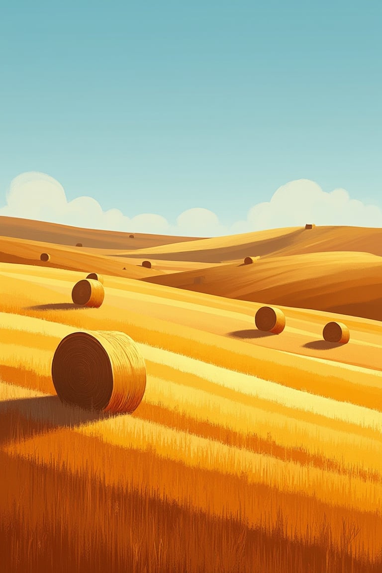 Rolling hills and fields with hay bales drying in the hot autumn sun. The landscape features gently undulating hills, with golden hay bales scattered across the open fields. The sunlight casts long, soft shadows, emphasizing the contours of the land and the texture of the hay. The earthy tones of the fields contrast against the deep blue sky, creating a serene, peaceful atmosphere. The view stretches into the distance, capturing the vastness of the countryside, with an emphasis on light, shadow, and the natural beauty of the scene.,In an abstract style.