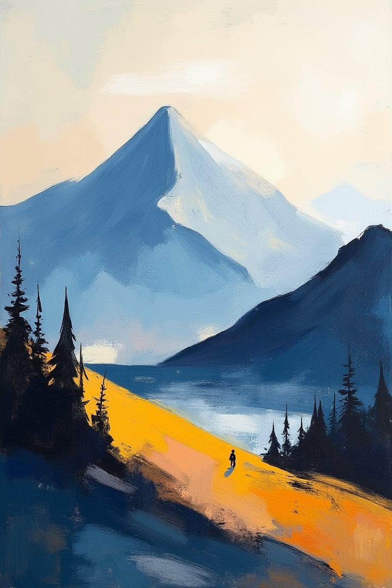 "Create an abstract, modern impressionist oil painting featuring a mountain landscape. Use expressive brushwork with smooth, elegant strokes of paint throughout the image. Ensure the brushwork is smooth, with well-defined strokes that create a sense of movement and texture. Place a tiny, shadowy figure on the far distant horizon. The composition should use the rule of thirds, dividing the image into a grid of nine equal parts with two equally spaced horizontal and vertical lines."