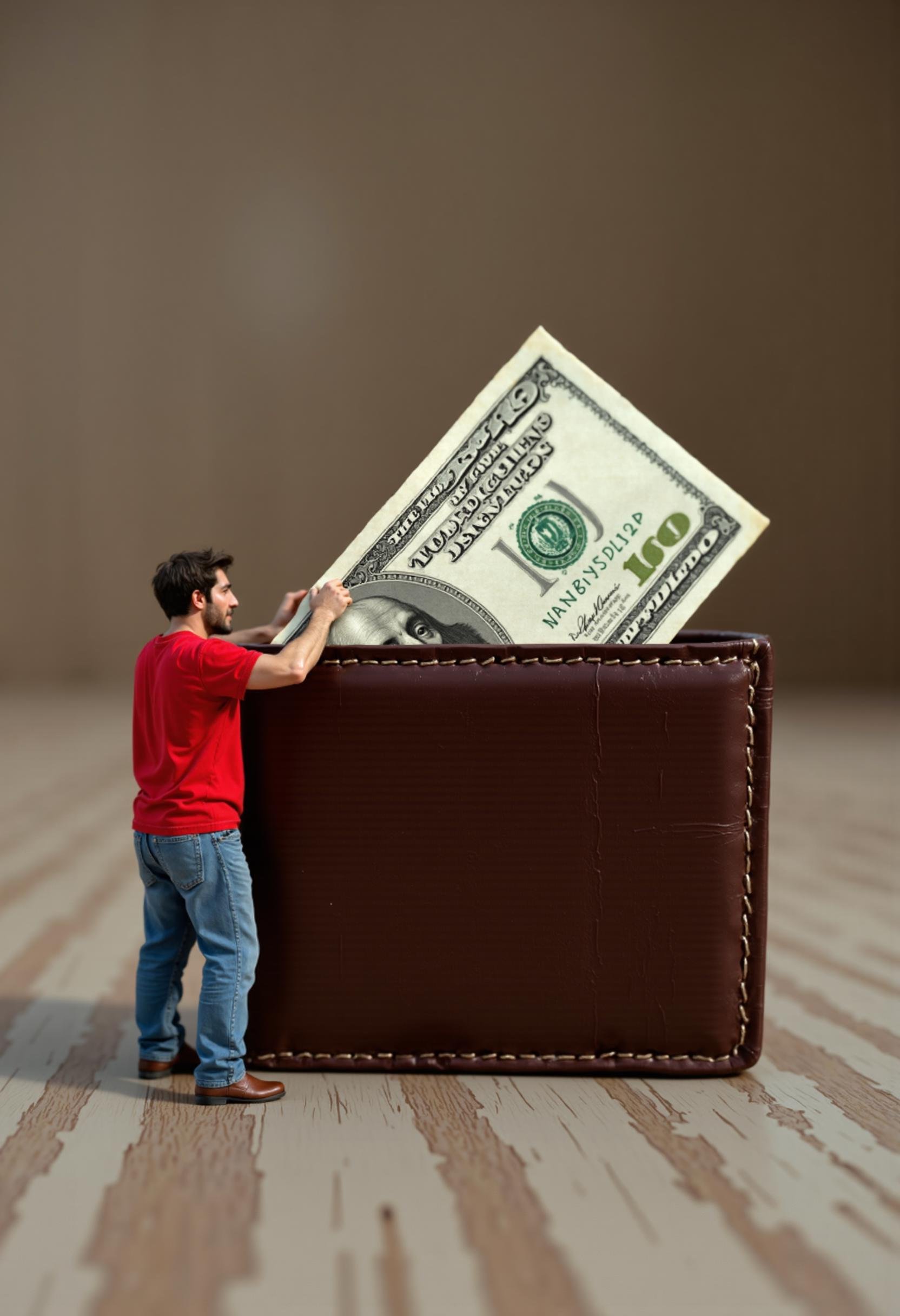 raw photo, m1n1p3ople a miniature 1 inch tall man in jeans and red t-shirt, standing next to an open wallet, pulling a giant dollar bill out of the wallet, highly detailed