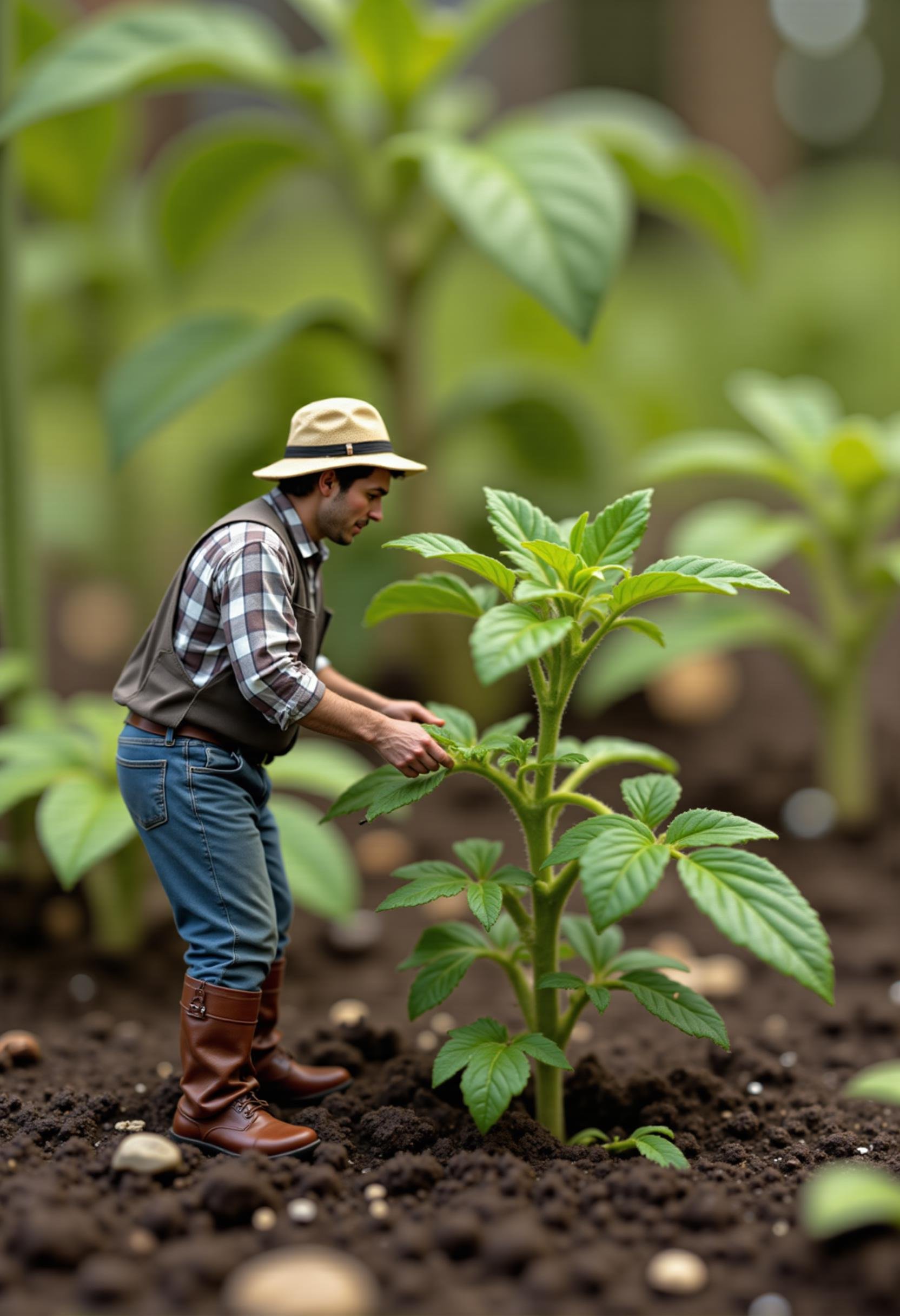 raw photo, a 2 inch tall miniature gardener pulling weeds from around a tomato plant,