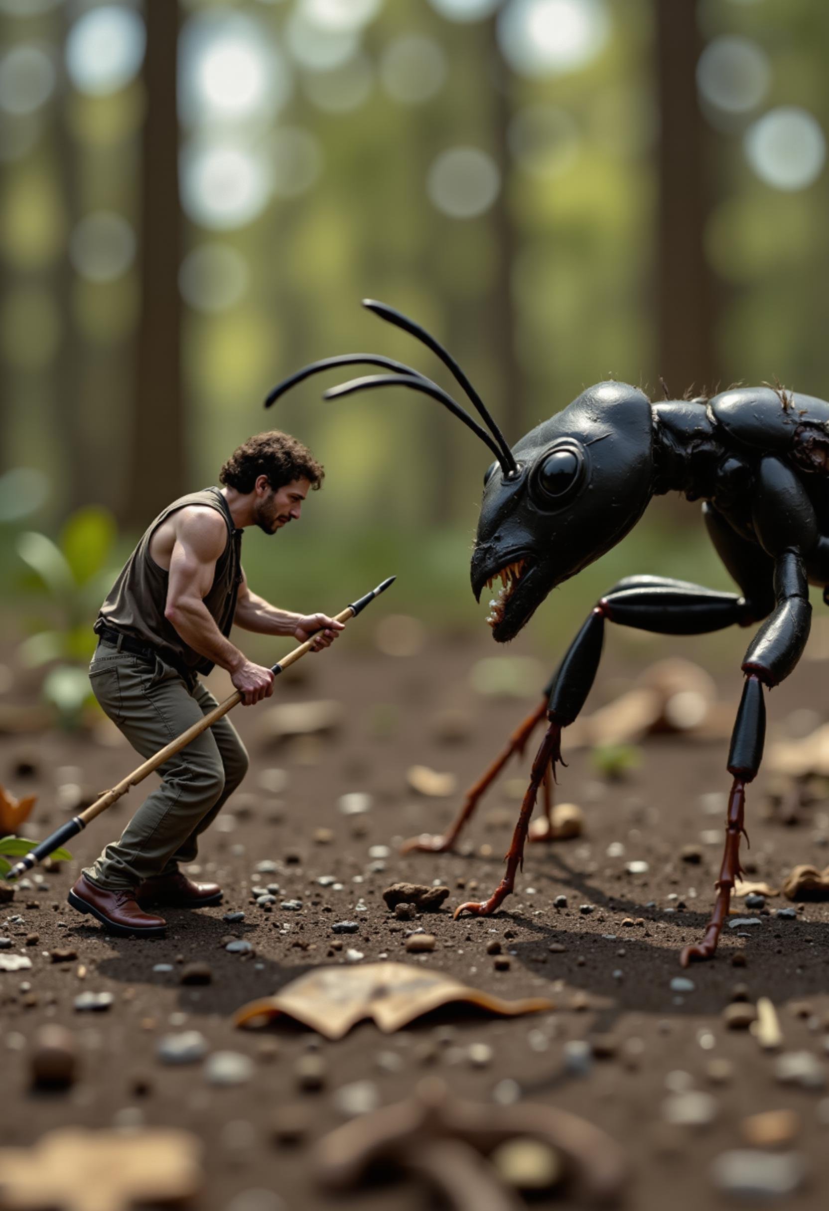 an intense daytime shot of a miniature man locked in battle with a large ant, its towering form looming over him as he grips a tiny makeshift spear. The ant’s mandibles are open, ready to strike, while the man stands his ground, muscles tensed, in a defensive stance. Around them, the forest floor is littered with twigs, leaves, and dirt, appearing like a rugged battlefield. Sunlight filters through the trees above, casting dramatic shadows on the ground, highlighting the tension of the scene. The man's expression is fierce, his face determined as he faces the overwhelming size of the ant, making the confrontation feel like a life-or-death struggle in a world much larger than him.