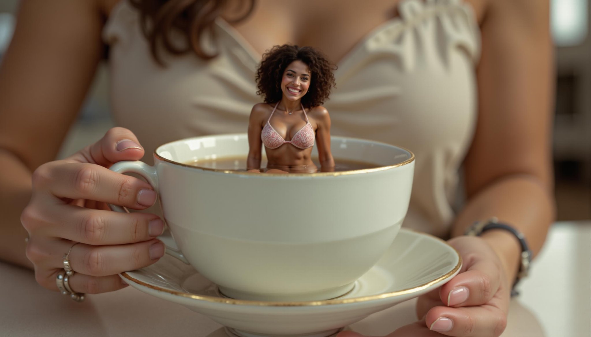 an image of a tiny woman in a bikini sitting in a teacup as if it was a hottub, a normal sized woman is holding the teacup, kitchen 