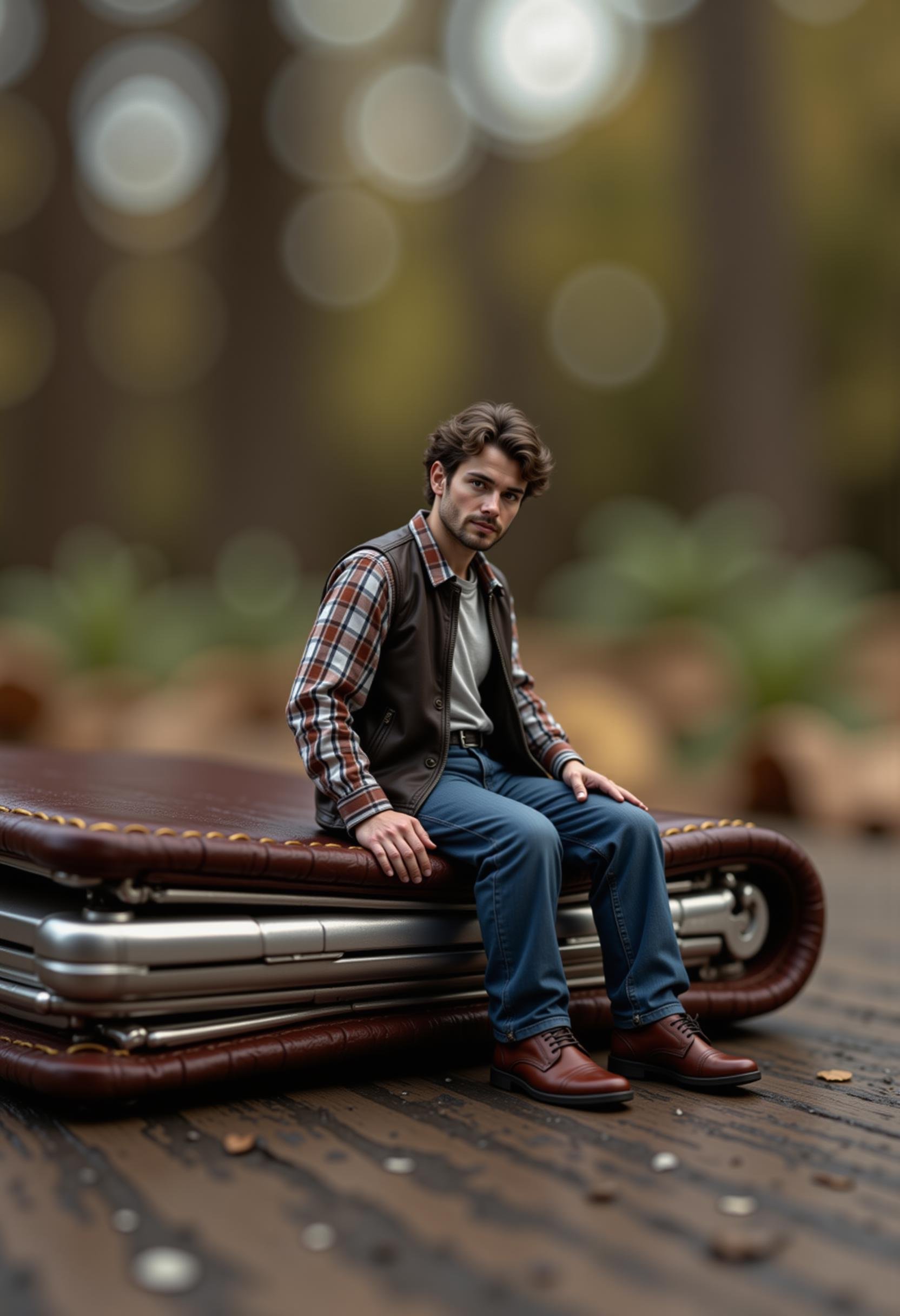 raw photo,  a 1 inch tall miniature man sitting on a wallet