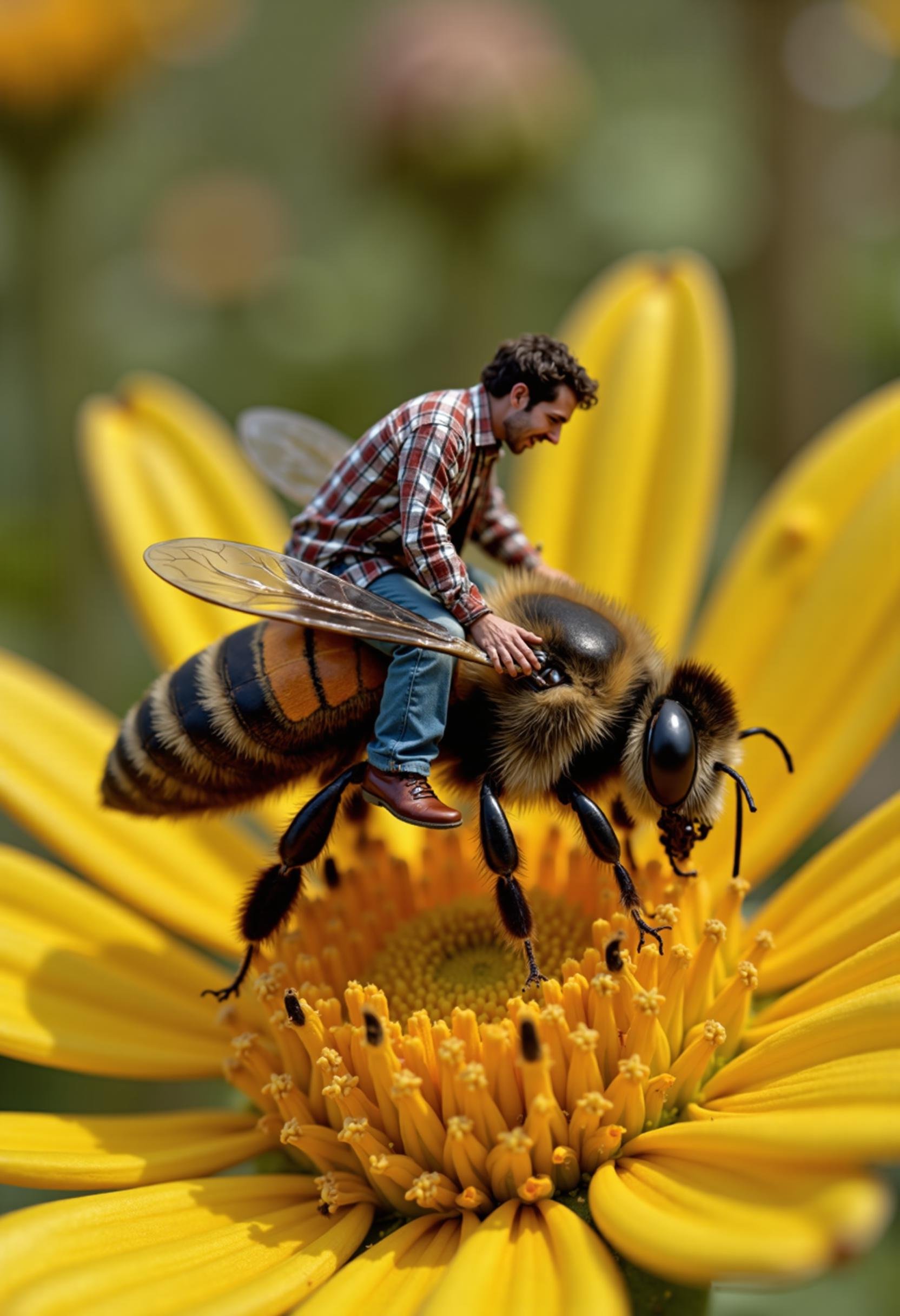 tilt shift photography, closeup, raw photo, m1n1p3ople a miniature  man with a look of excitement on his face riding on the back of a bumblebee as if riding a horse, flying over a flower