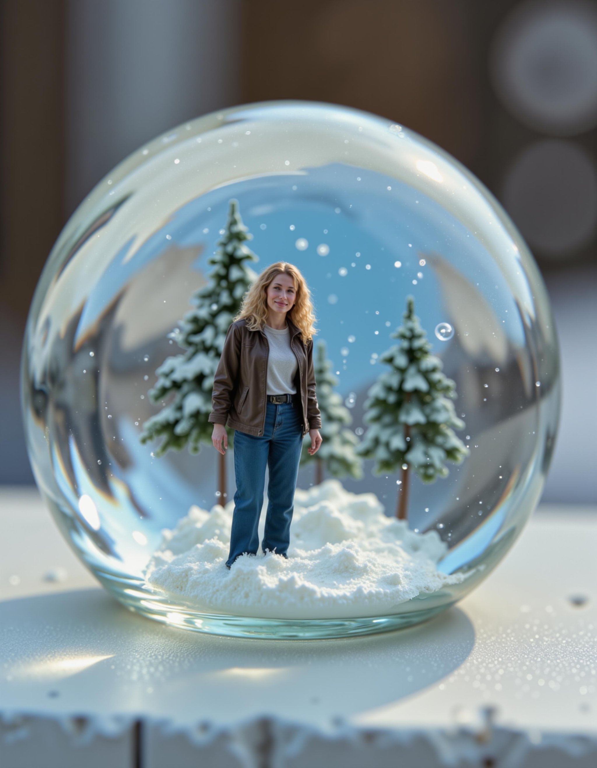 closeup shot of a tiny 1 inch miniature woman inside a snowglobe with a winter scene, microworldlora