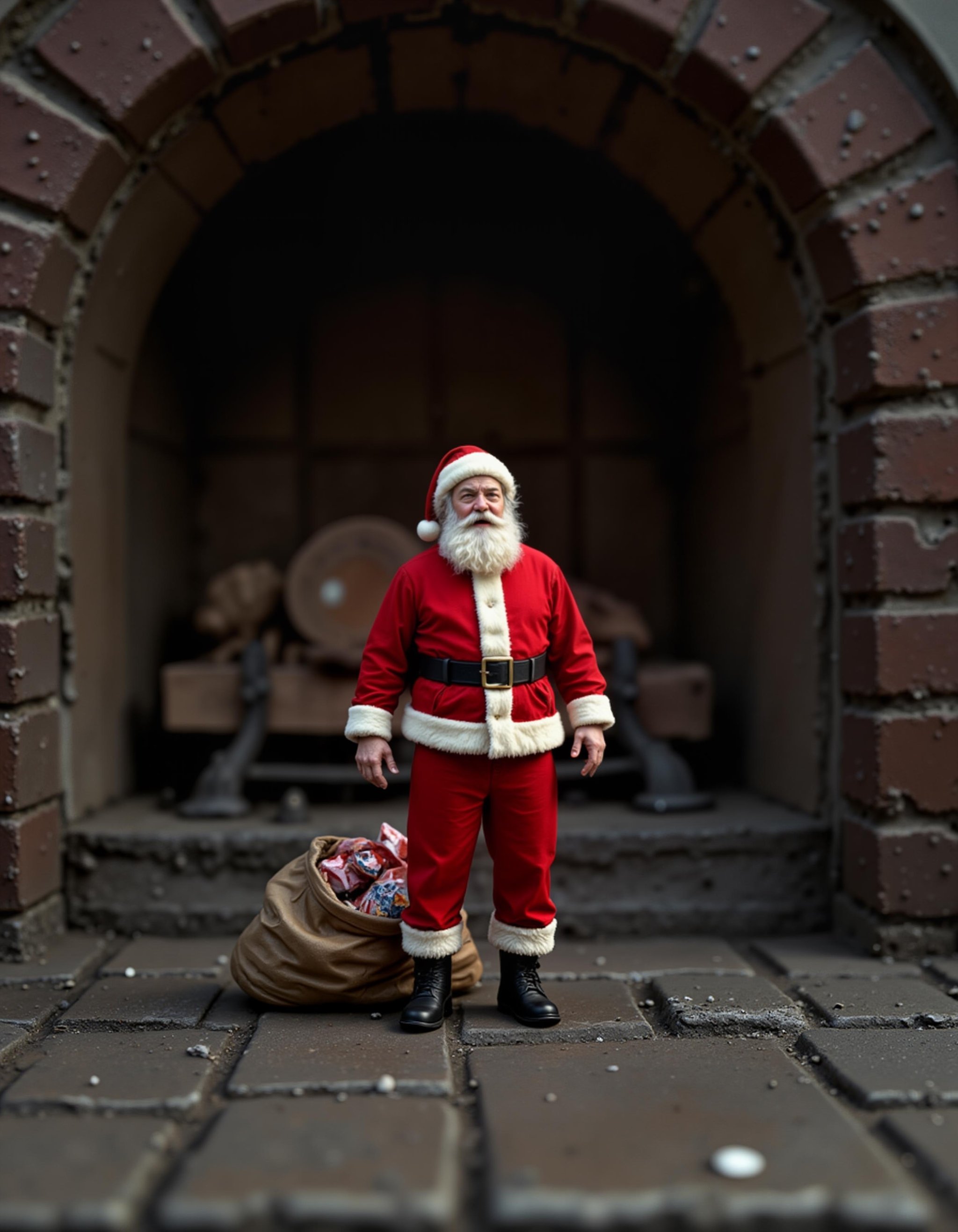 closeup, raw photo, a miniature 2 inch tall Santa Claus standing exhausted with hands on knees, on the hearth, having just emerged from the massive extinguished fireplace chimney. His red suit is dusted with soot,   His sack of presents, small but overflowing, rests beside him with gifts spilled around.   dark fireplace. Santa's tiny boots leave faint footprints in the ash, as if marking the start of his Christmas deliveries.