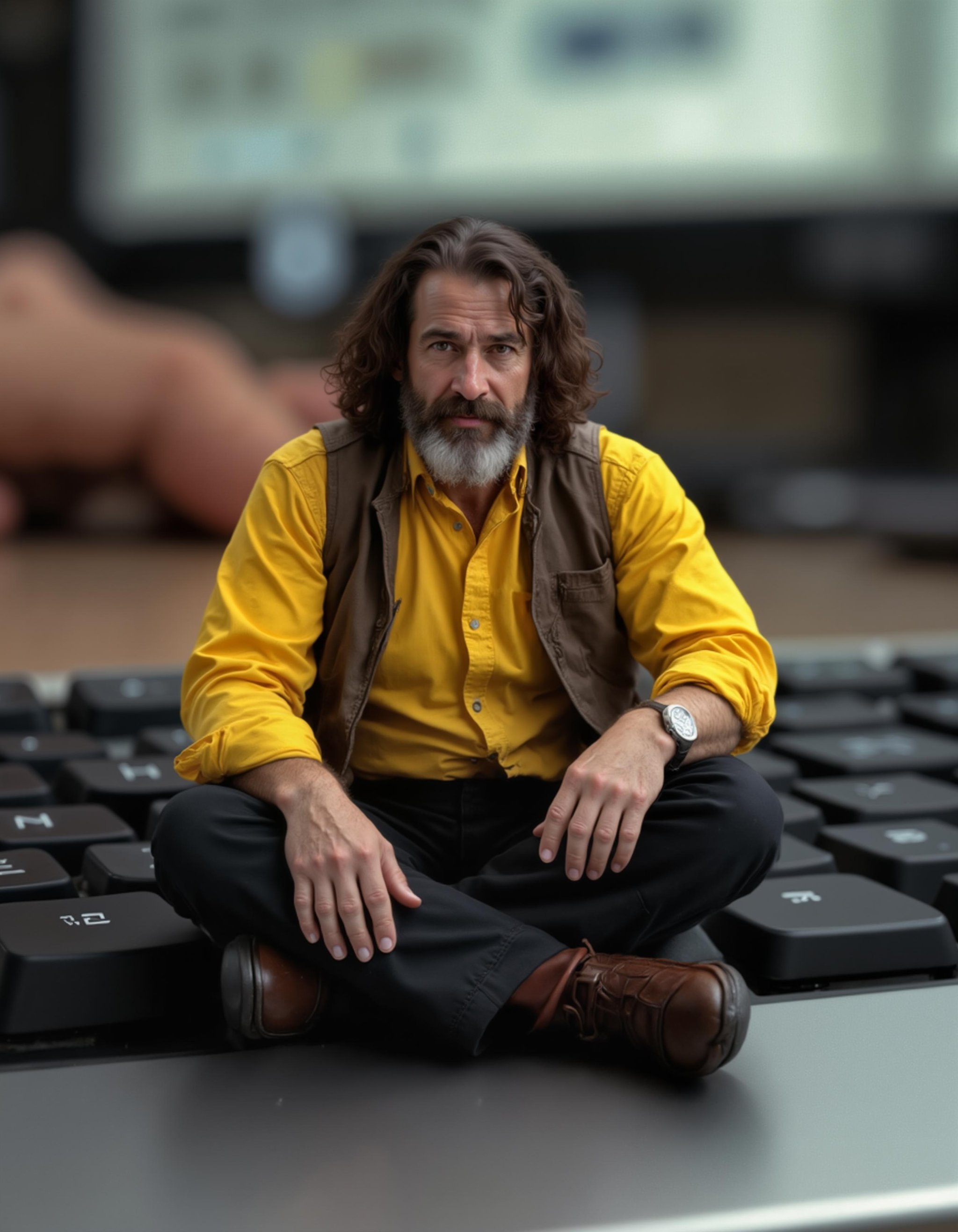 closeup shot of a tiny 1 inch miniature man in a yellow shirt and black paints, full beard, medium length hair, sitting on a computer keyboard, computer behind him