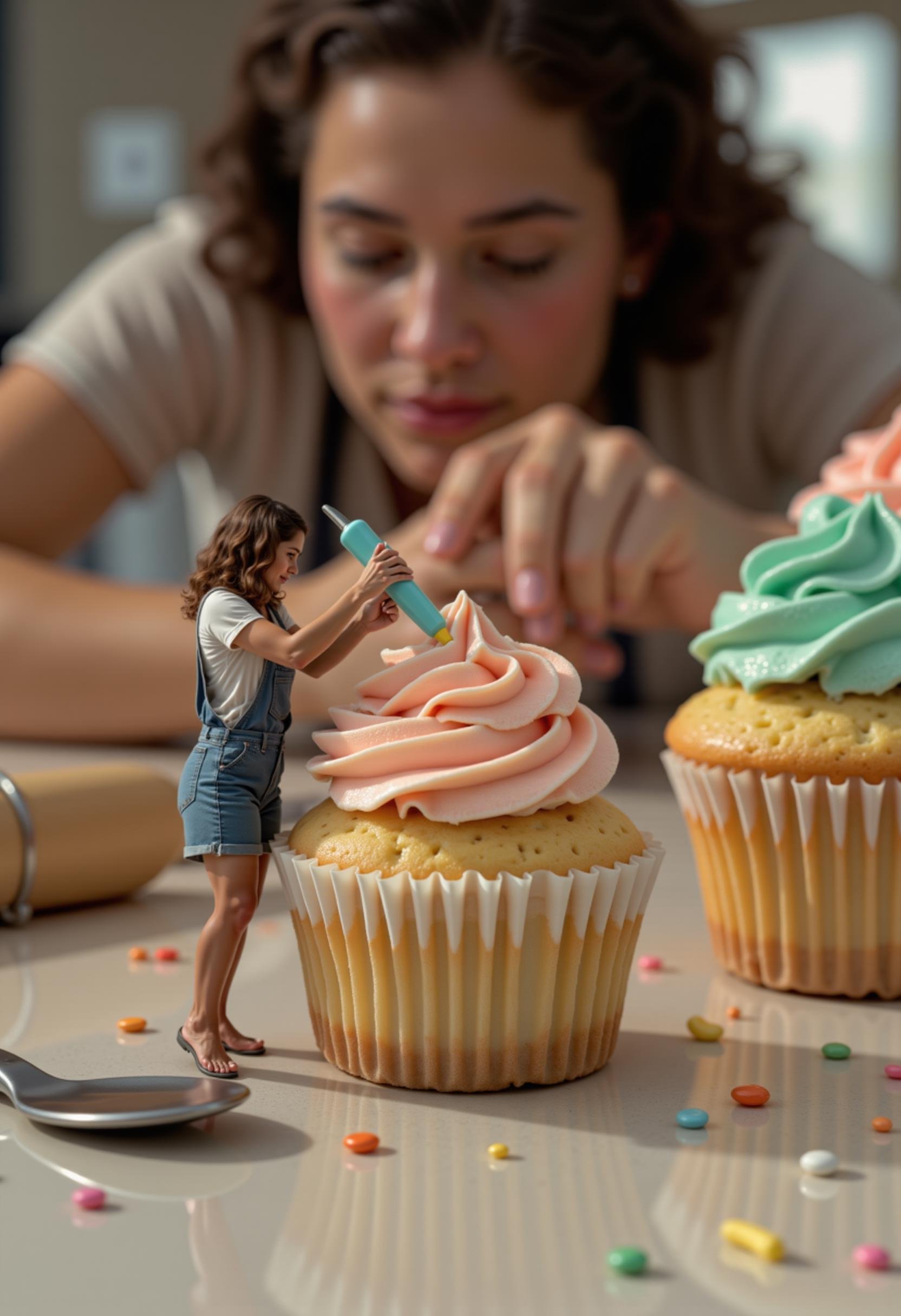 raw photo, a miniature woman carefully decorating oversized cupcakes with frosting, her tiny hands delicately piping swirls of icing on top of each one. The cupcakes appear massive compared to her, and she stands on the edge of a cupcake liner, focusing intently as she works. The colorful frosting glistens under soft kitchen lighting, creating a playful and whimsical atmosphere. Around her are scattered sprinkles, and nearby utensils, such as a whisk and spatula, appear huge in comparison. Her expression is one of concentration and pride, as if she's putting the finishing touches on a delicious masterpiece.