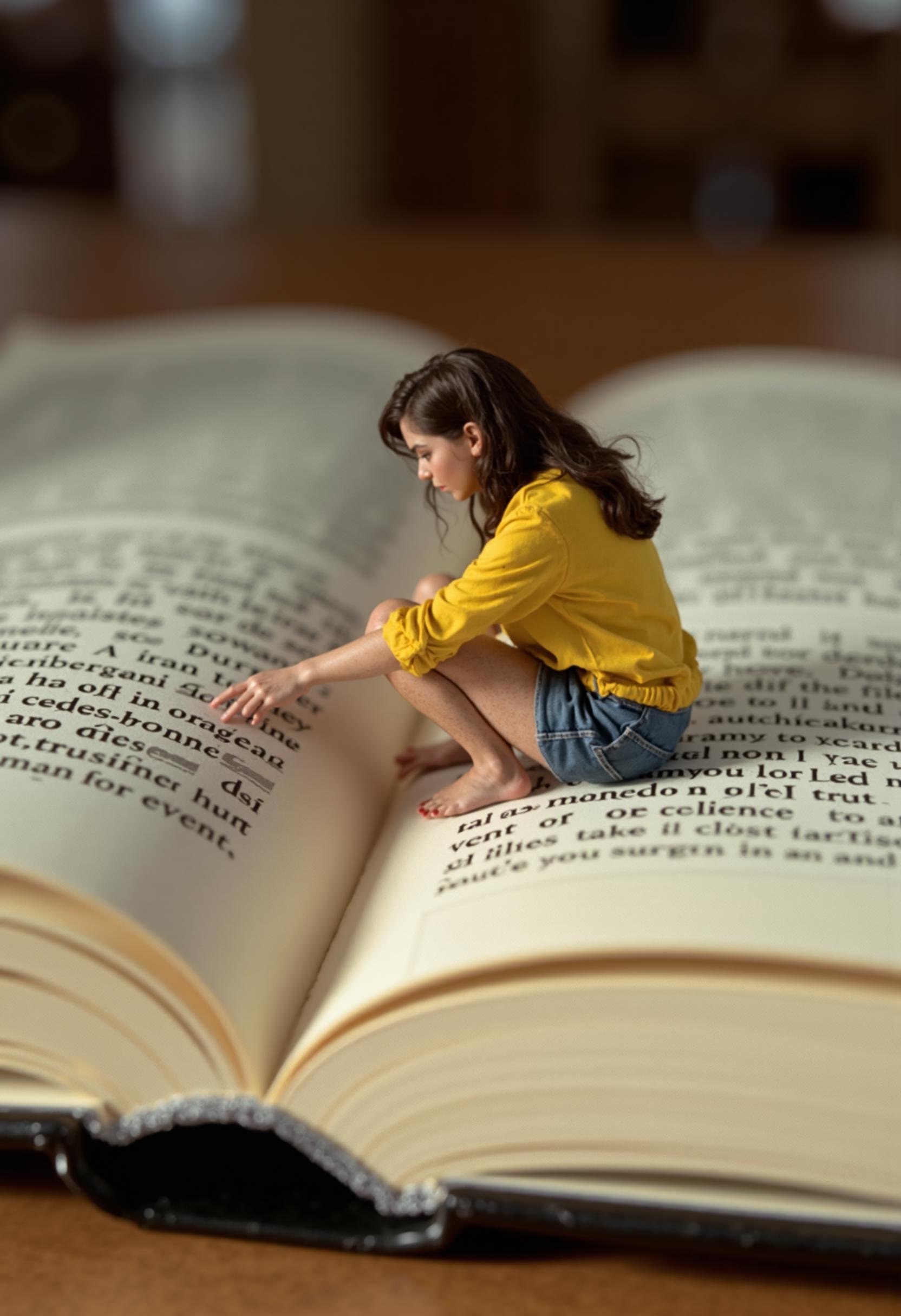 m1n1p3ople a miniature 1 inch tall young woman dressed in a yellow blouse, sitting on an open book on a desk, she is pointing to the oversized text in the book as she reads it