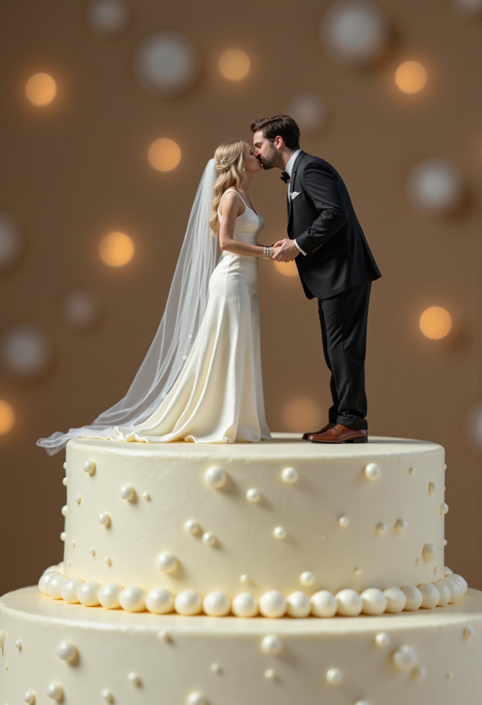 raw photo, m1n1p3ople, a miniature bride and groom on top of a wedding cake, kissing, at a wedding reception