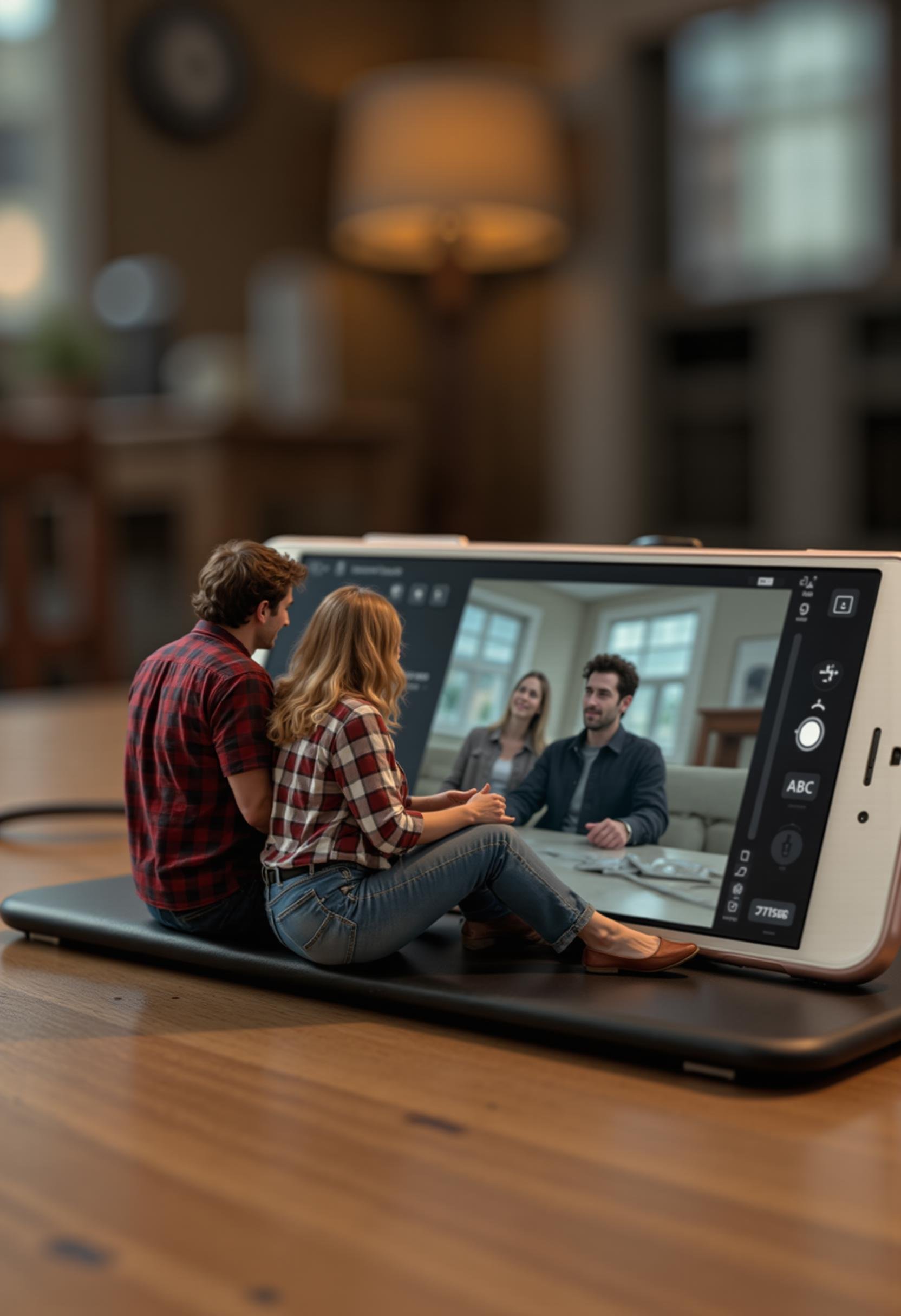 over the shoulder shot, raw photo, a miniature man and woman sitting on a table, they are watching a movie on a smartphone propped up on it's side