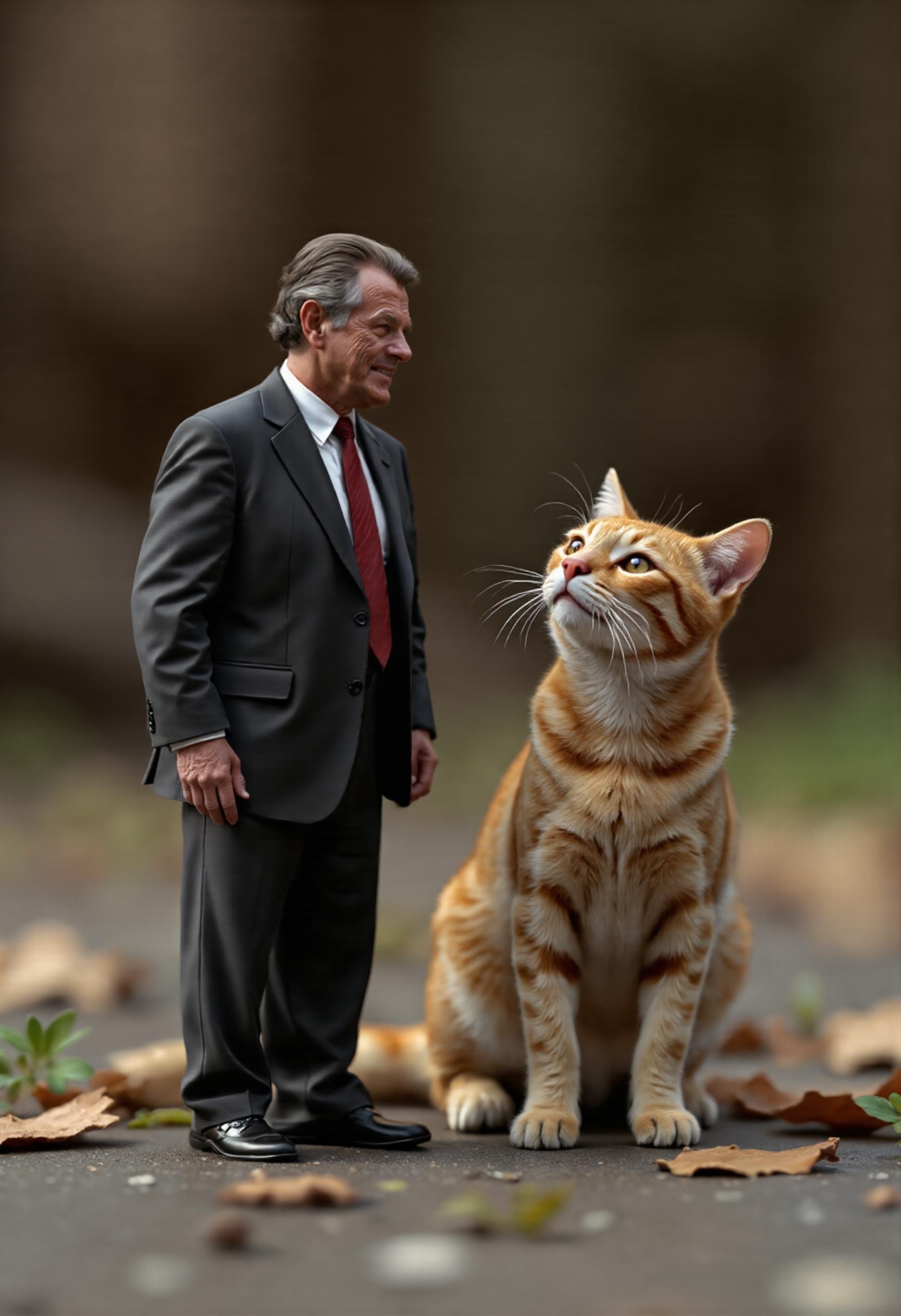 closeup, raw photo, a 2 inch tall miniature Richard Nixon standing next to a cat