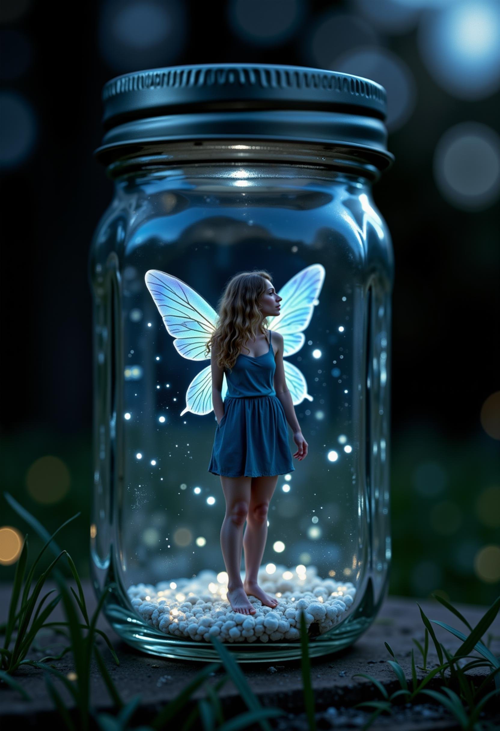 raw photo, m1n1p3ople, an artistic nighttime shot of a miniature pixie woman inside a mason jar, her iridescent wings glowing faintly in the moonlight. She stands quietly, gazing up at the dark sky beyond the glass, with tiny specks of starlight reflecting off the jar’s surface. The scene is illuminated by a soft, bluish glow from her wings, casting gentle, intricate shadows inside the jar. The night outside is deep and dark, with just the faint silhouette of trees in the background. Fireflies flicker in the distance, enhancing the magical atmosphere. The pixie’s expression is serene, almost meditative, as if she’s lost in thought, surrounded by the mystery of the night, with the jar creating a delicate barrier between her and the vastness of the world outside