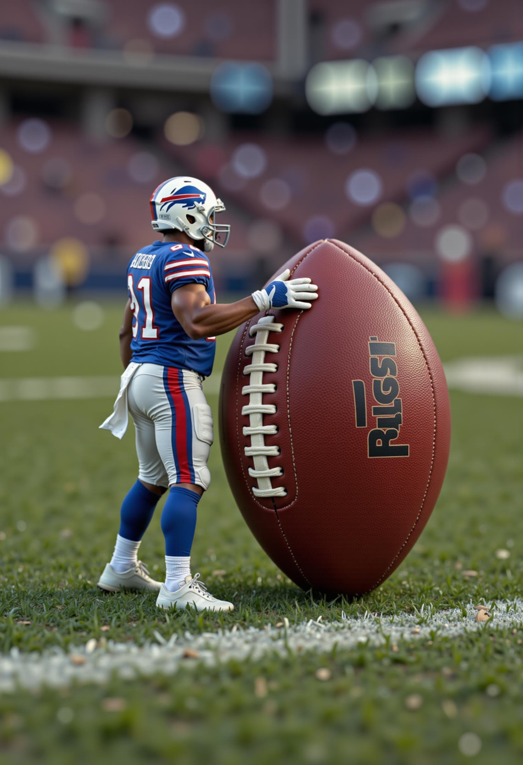 raw photo, a miniature Buffalo Bills player standing next to a football towering over him on the field, about to kick a field goal