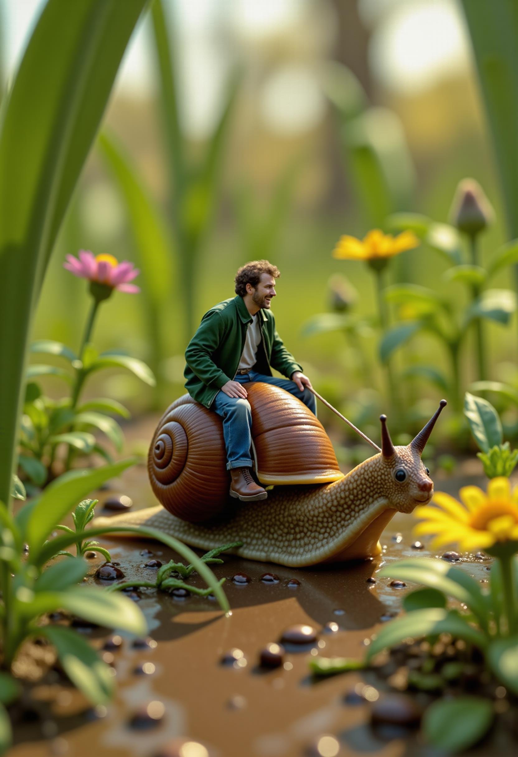 highly detailed closeup, a bright daytime shot of a miniature man wearing a green jacket, riding a snail, sunlight glinting off the snail’s wet, textured shell as it slowly glides across a lush garden. The man, holding a thread-like harness, sits confidently on the snail’s back as if embarking on an adventure. Around them, oversized blades of grass and wildflowers tower high, creating the impression of a vast, vibrant landscape. The sunlight filters through the leaves, casting dappled light on the ground and illuminating the snail’s glossy trail. The man’s expression is one of excitement and determination as he rides the snail through this towering natural world, with the scene feeling whimsical and full of wonder, bathed in the warmth of a sunny day,